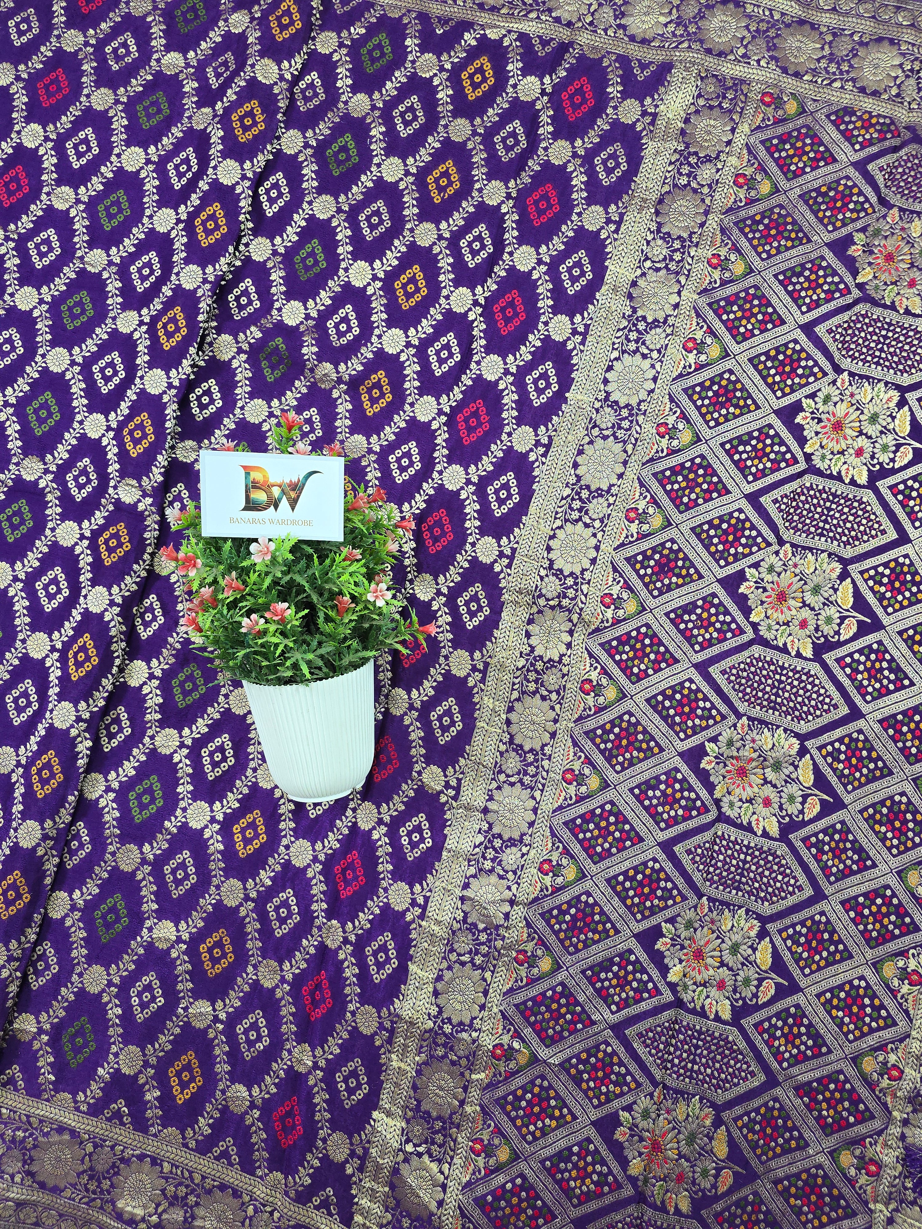 Crush Crepe Alfi Bandhej Saree – Royal Purple with Multicolour Meenakari Boota