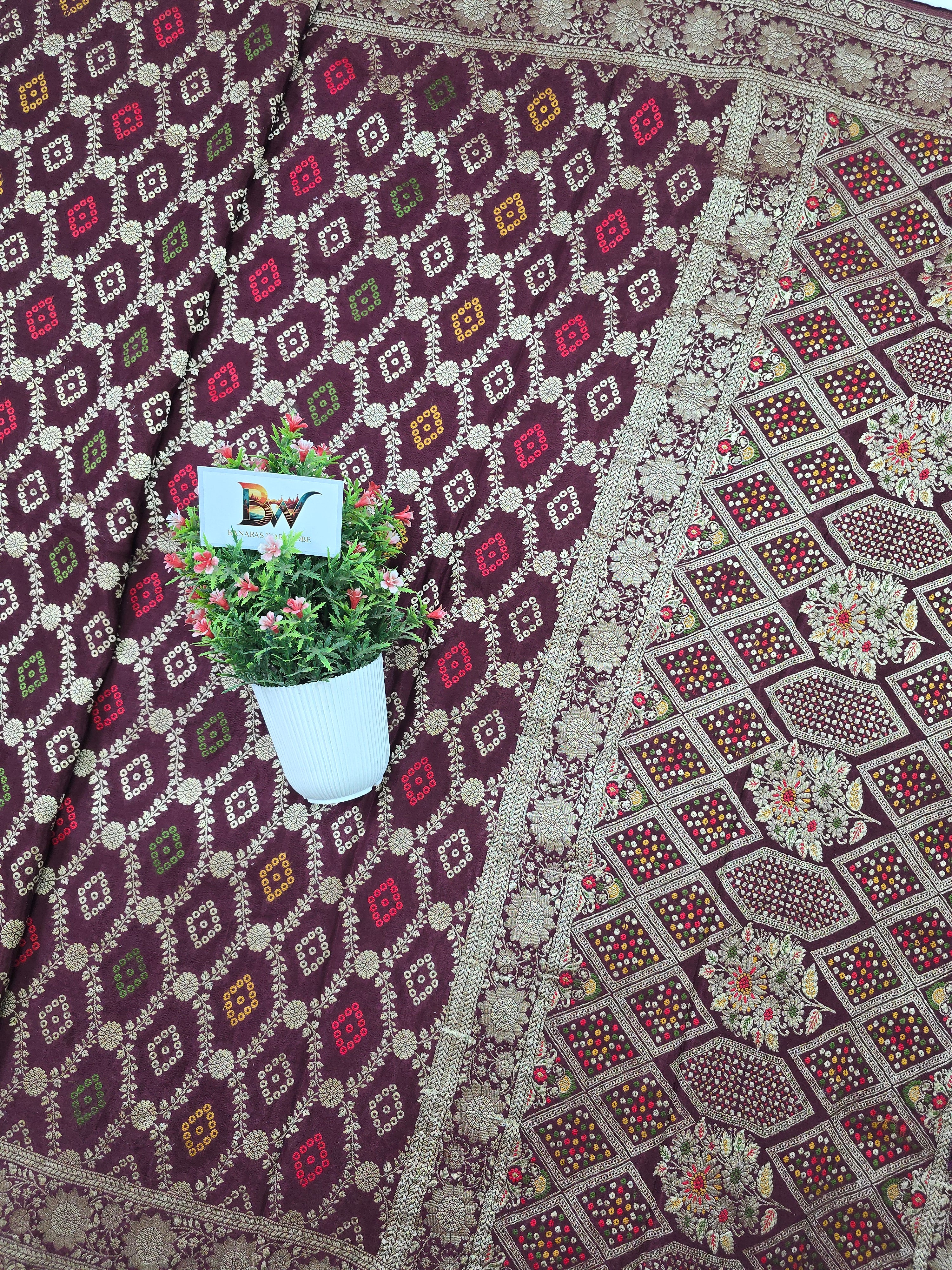 Crush Crepe Alfi Bandhej Saree – Wine with Multicolour Meenakari Boota