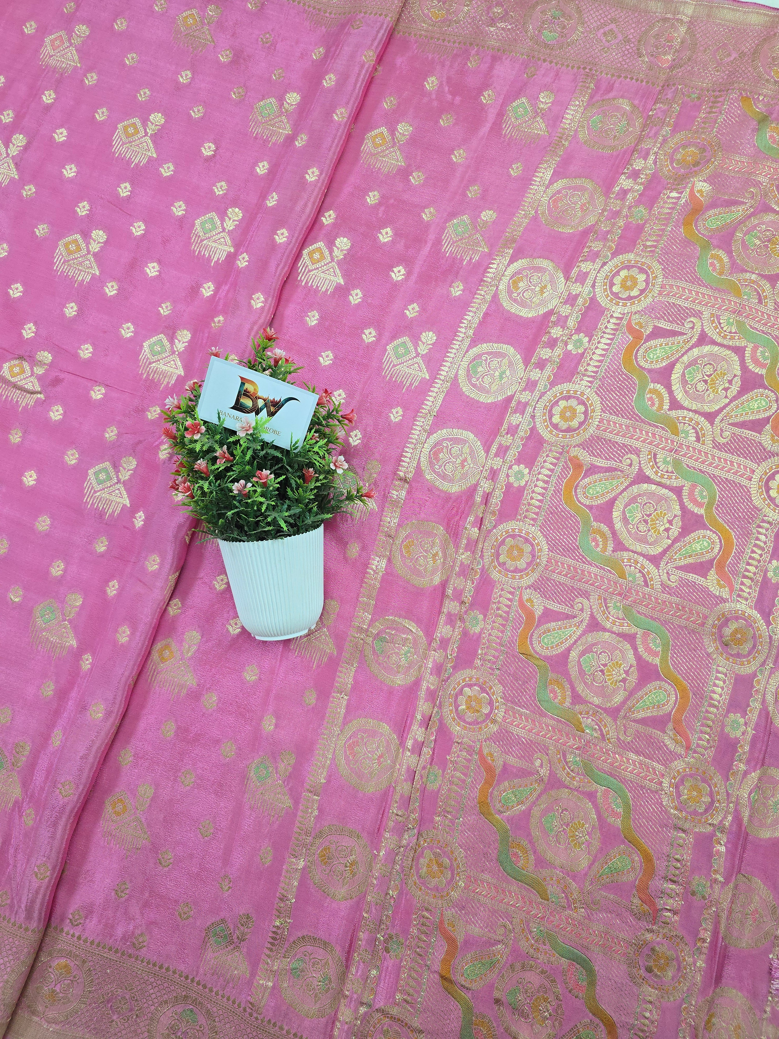 Crush Crepe Banarasi Saree – Rani Pink with Meenakari Bootas