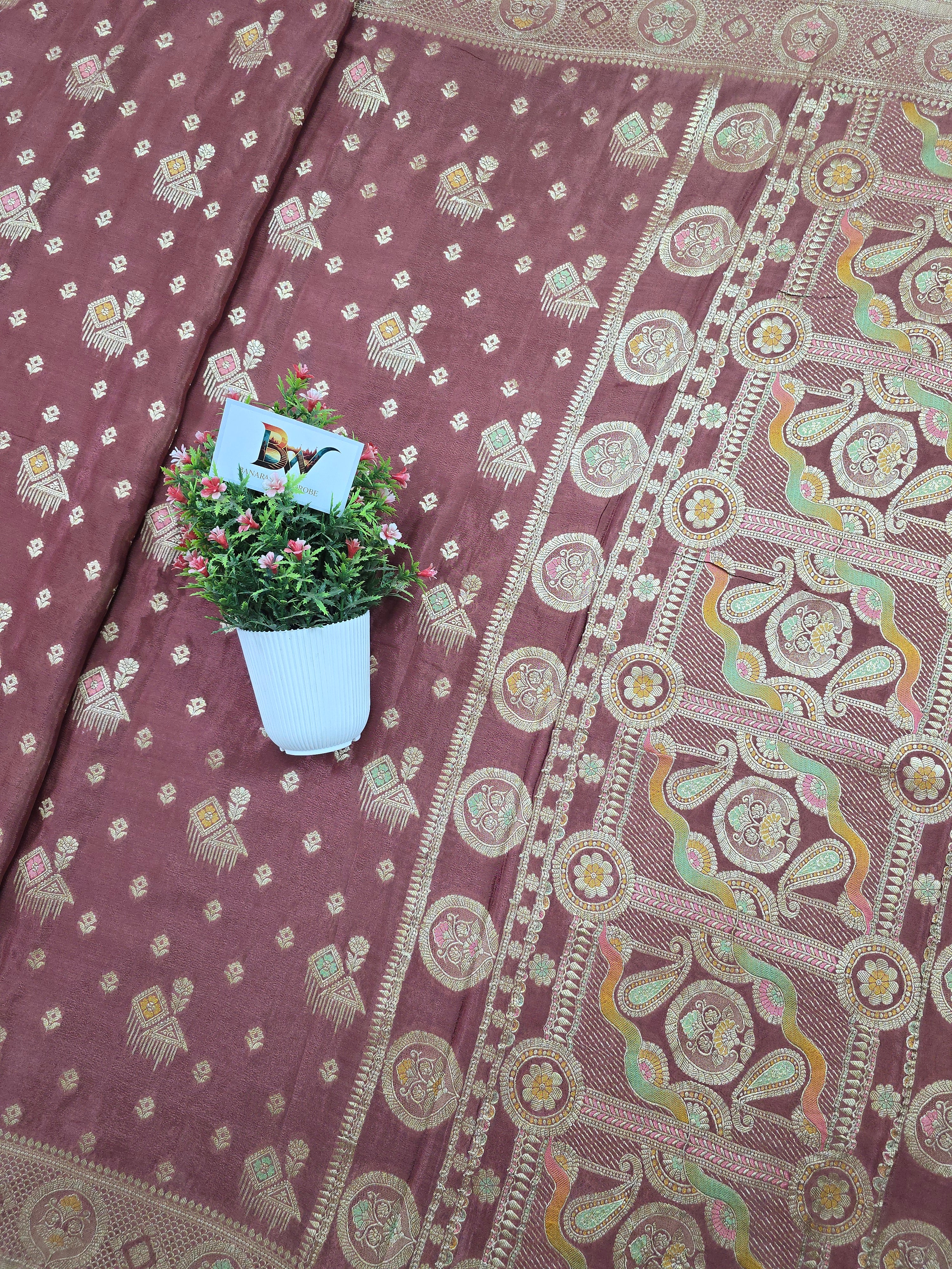 Crush Crepe Banarasi Saree – Brown with Meenakari Bootas