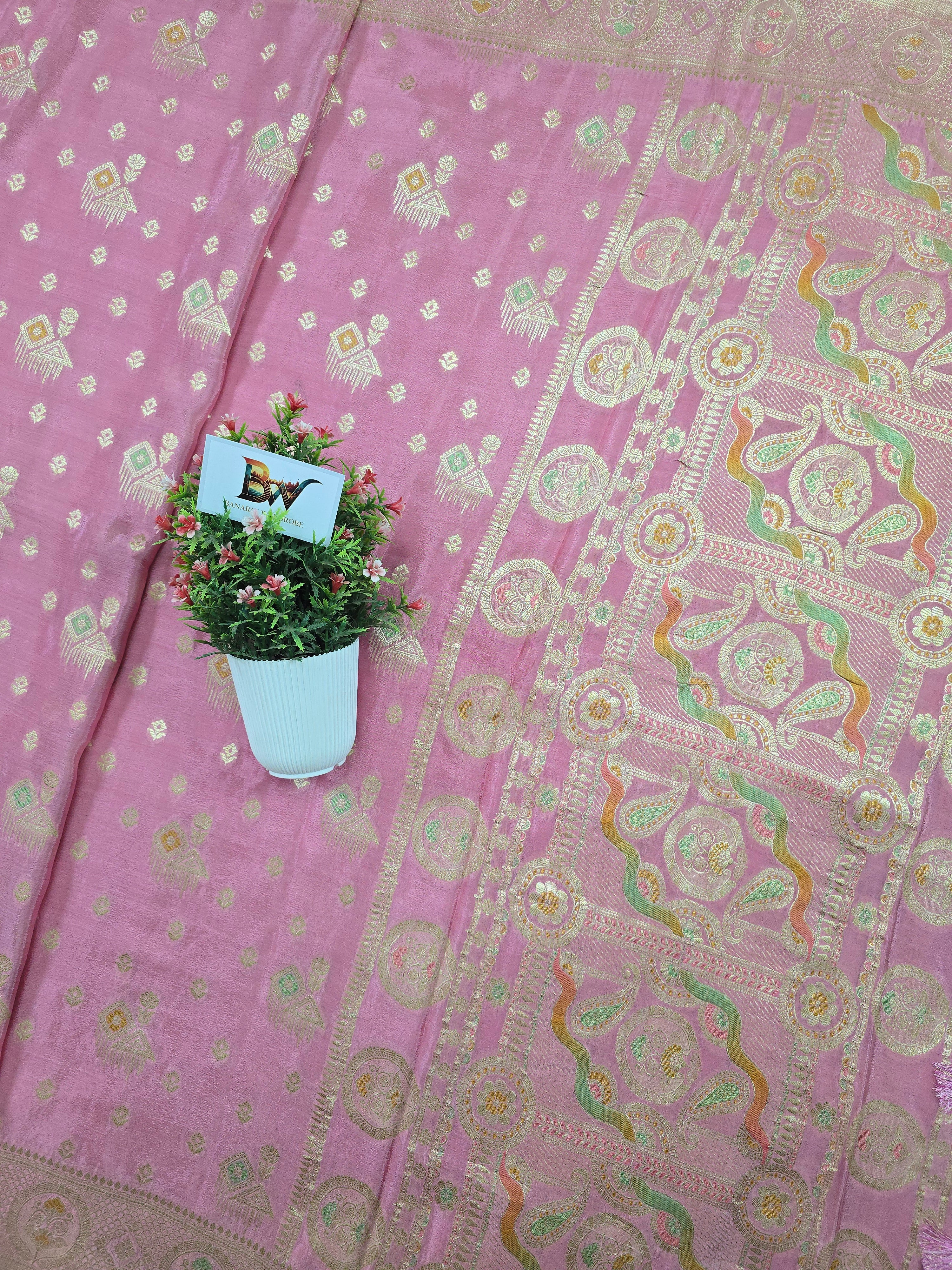 Crush Crepe Banarasi Saree – Baby Pink with Meenakari Bootas