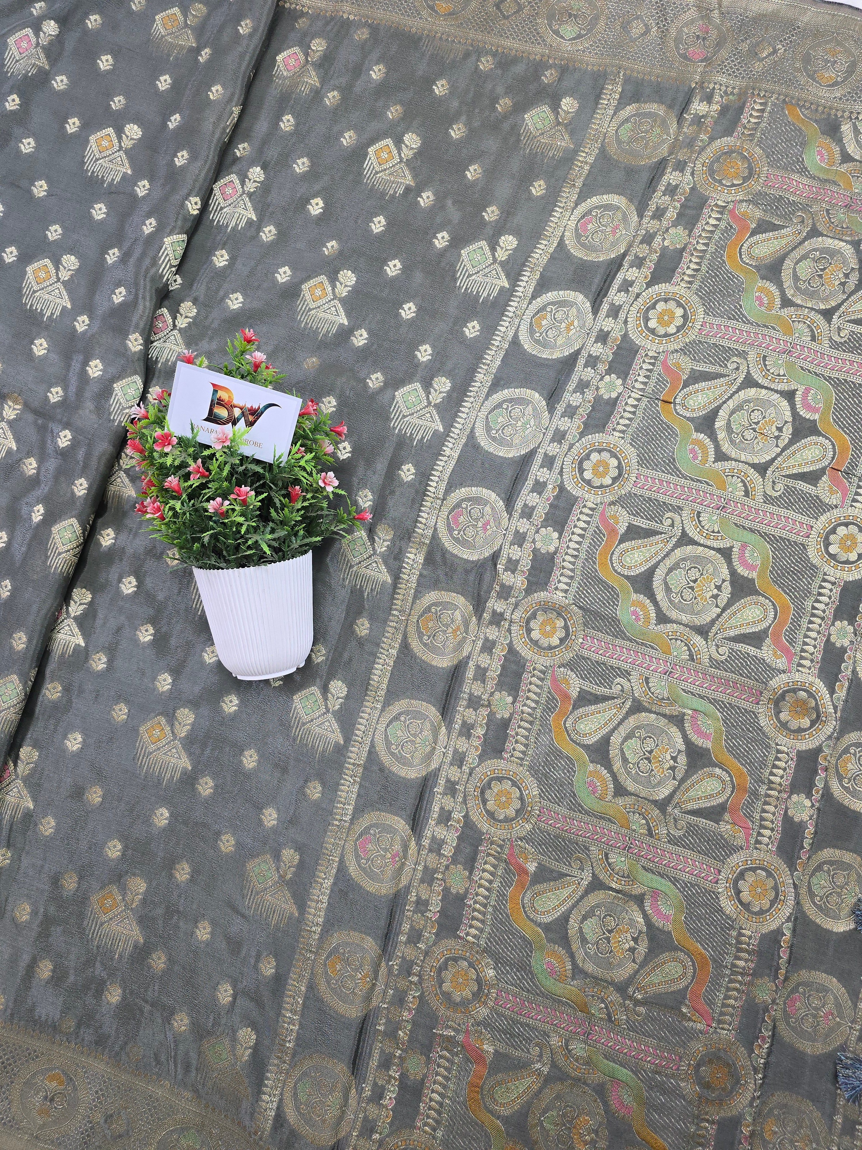 Crush Crepe Banarasi Saree – Dark Grey with Meenakari Bootas