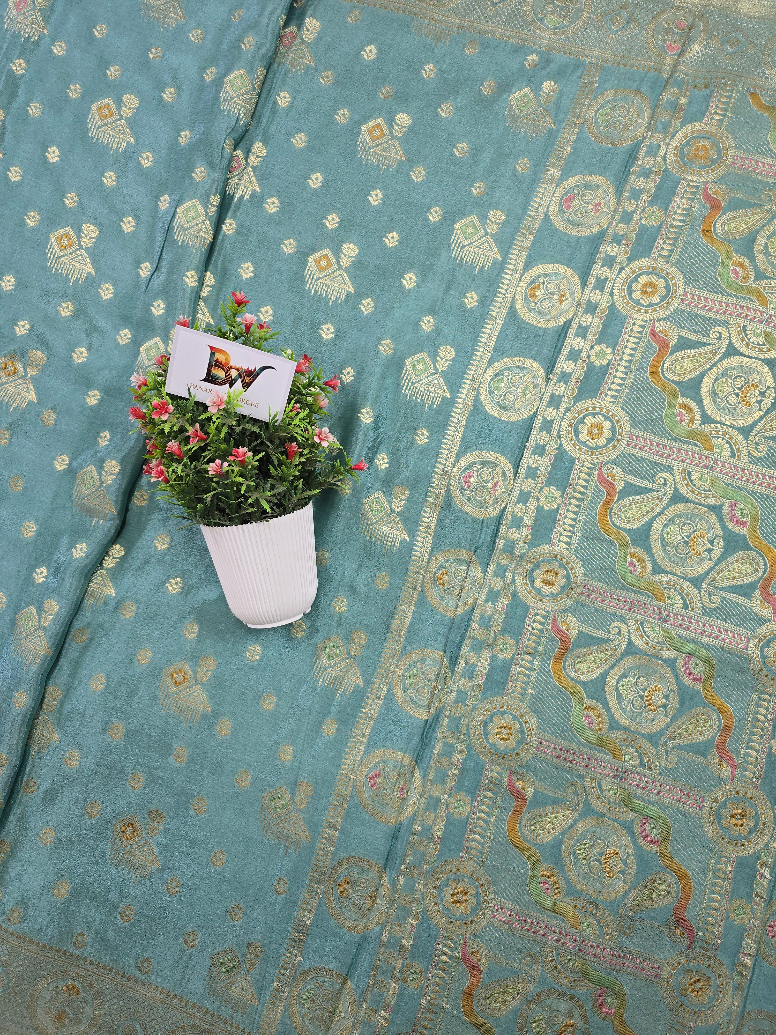 Crush Crepe Banarasi Saree – Sea Green with Meenakari Bootas