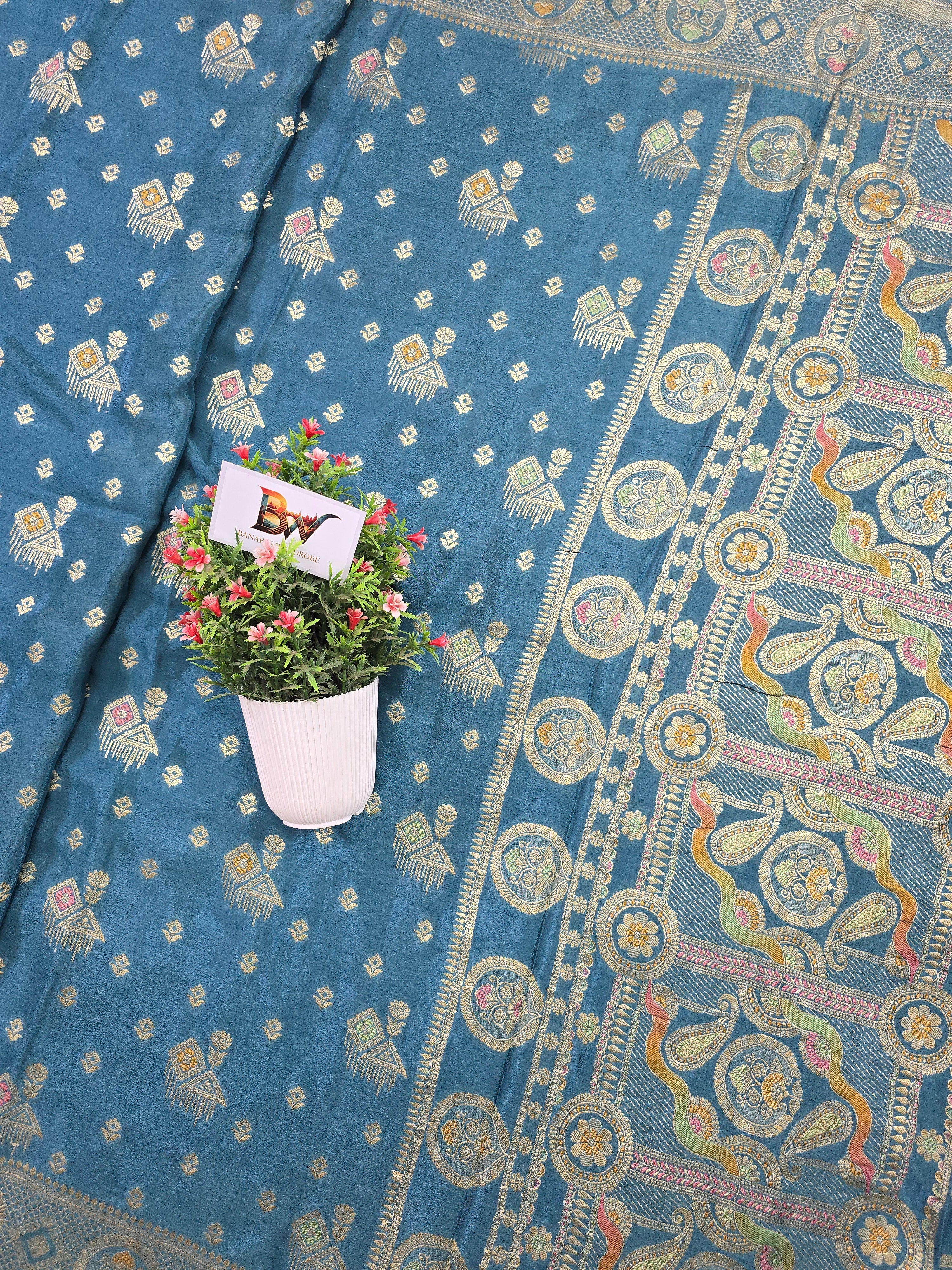 Crush Crepe Banarasi Saree – Firozi Blue with Meenakari Bootas