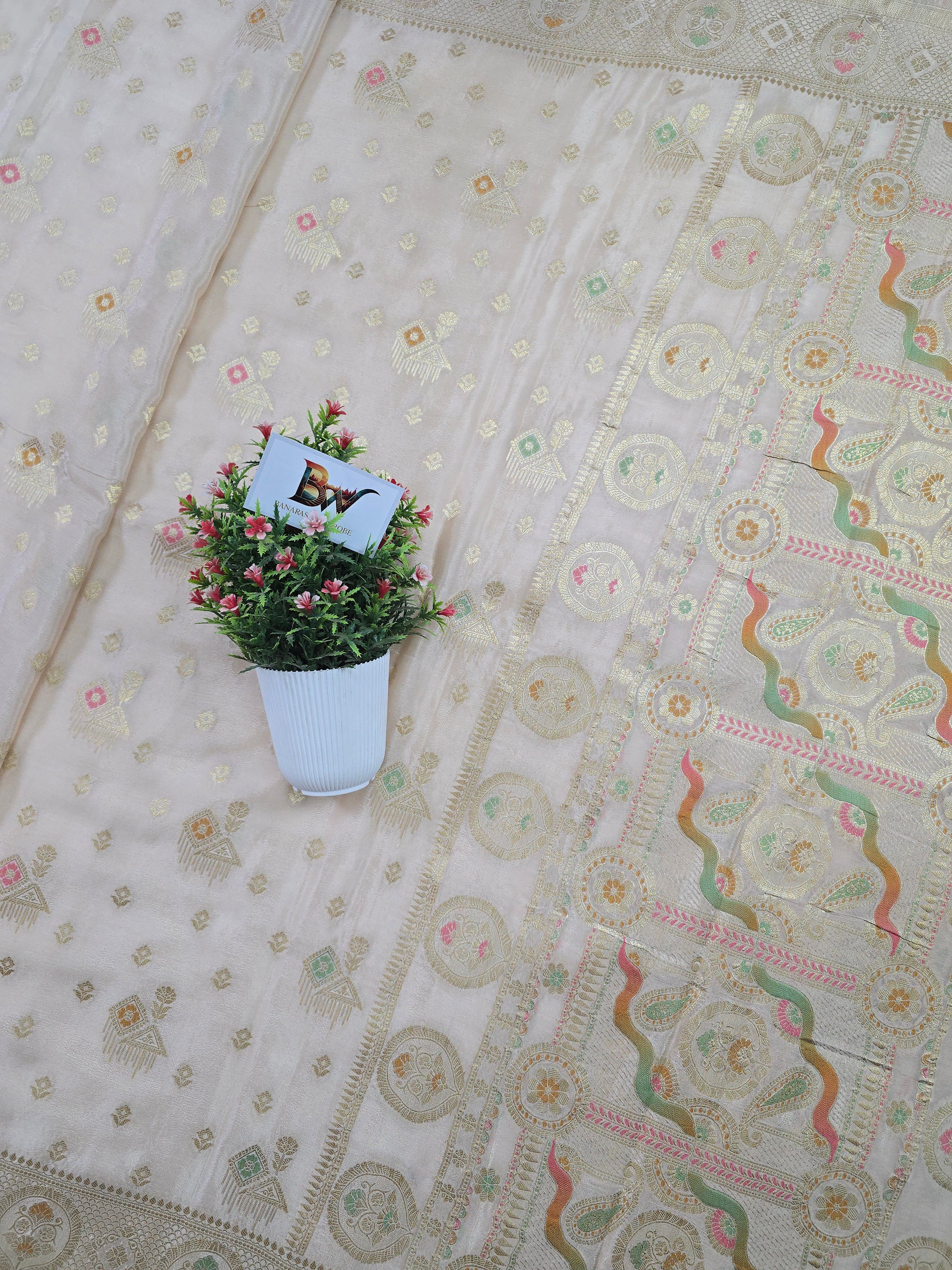 Crush Crepe Banarasi Saree – Off White with Meenakari Bootas