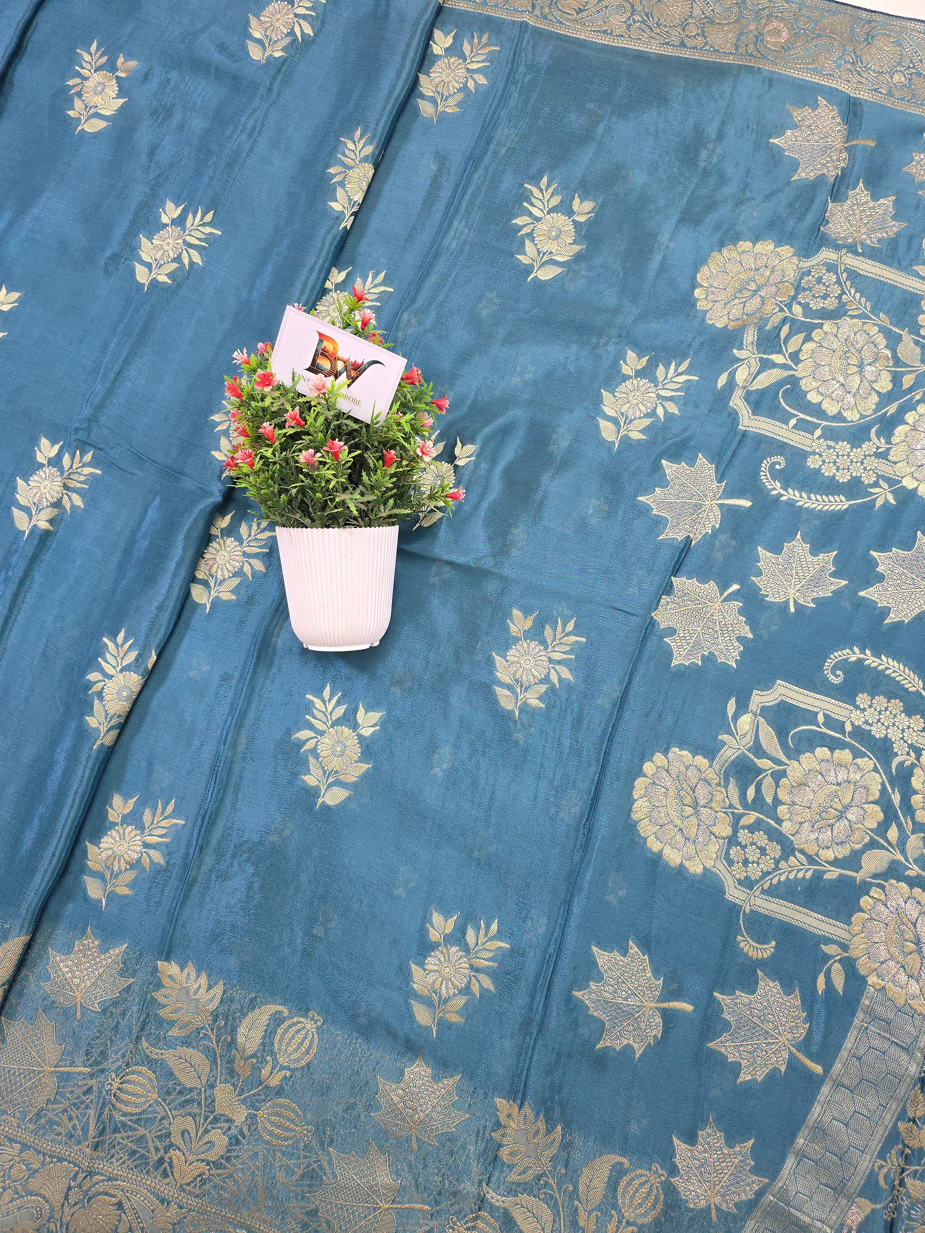 Crush Crepe Banarasi Saree – Firozi Blue Body with Flower Boota