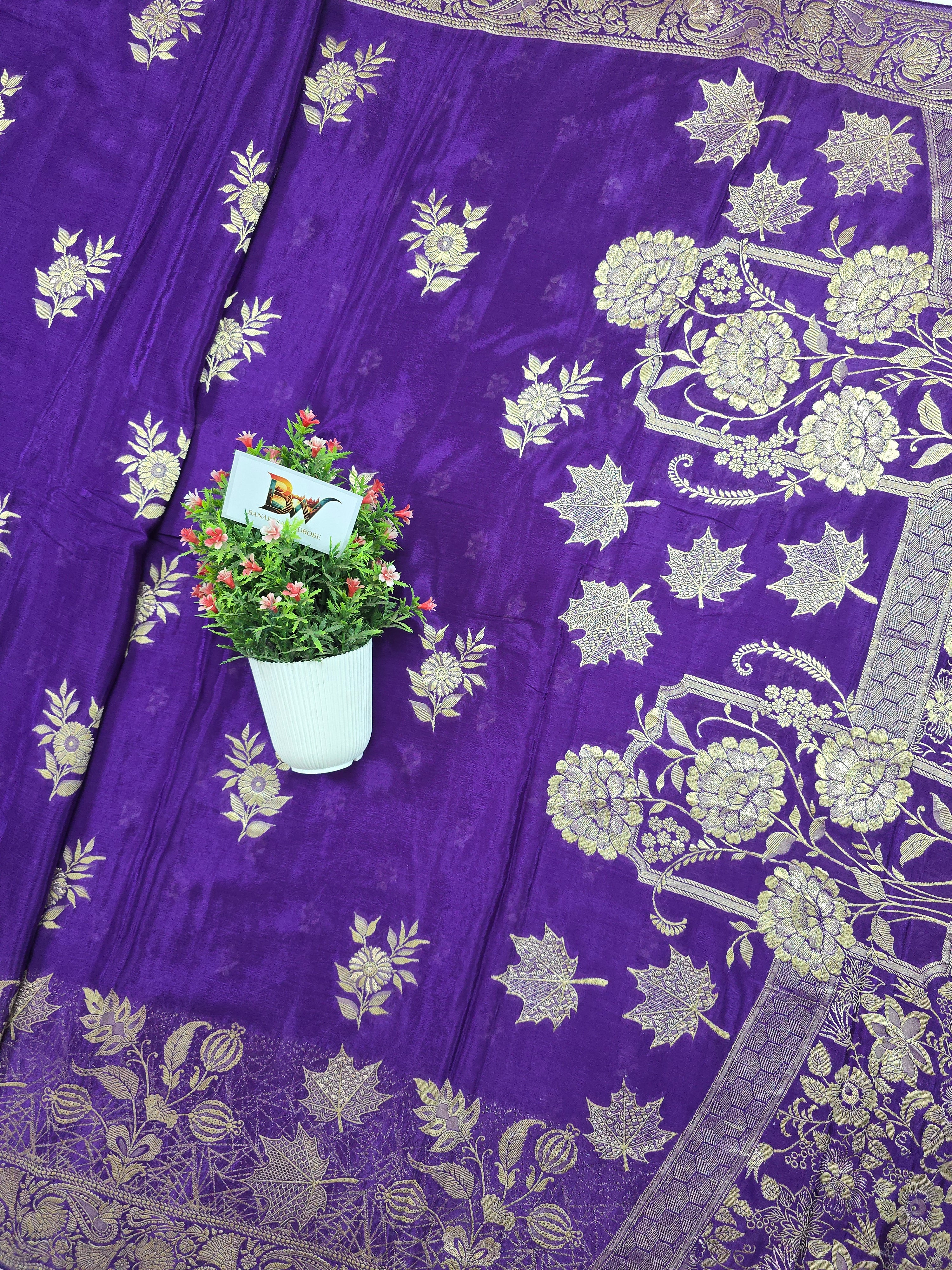 Crush Crepe Banarasi Saree – Royal Purple Body with Flower Boota