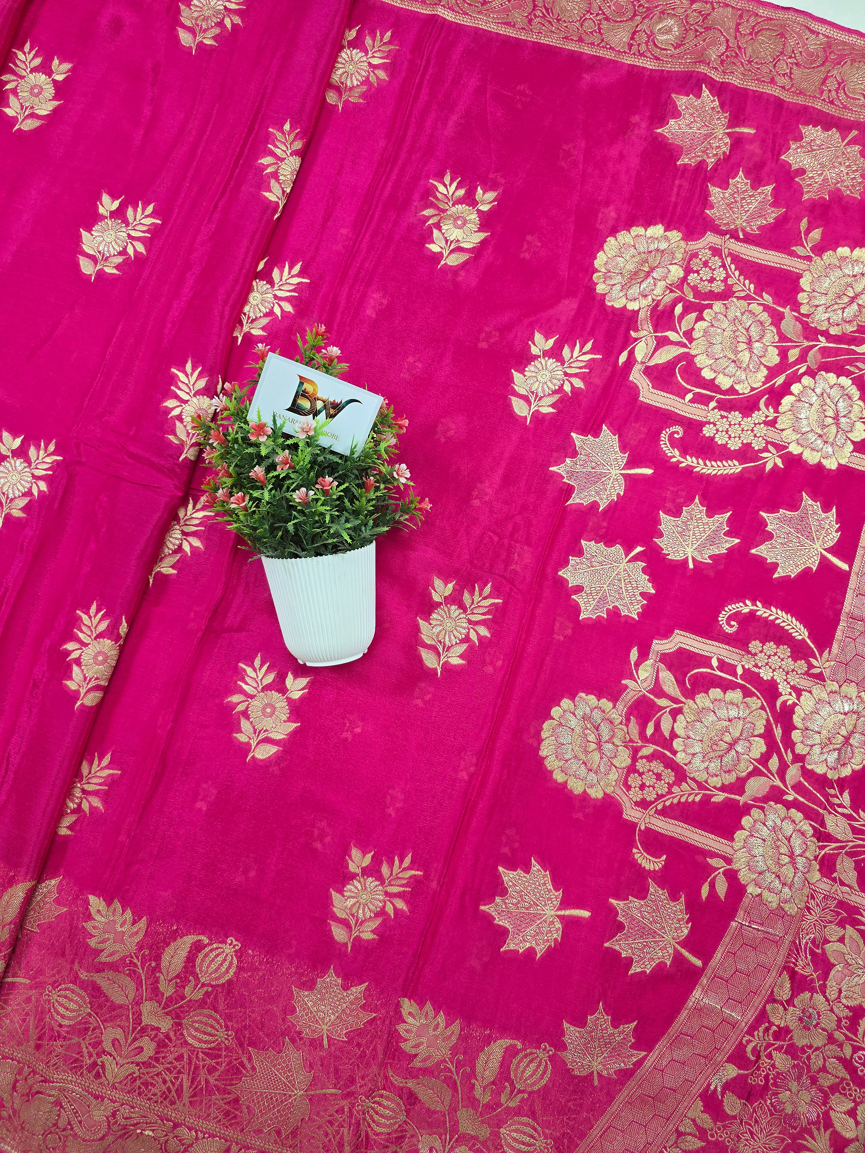 Crush Crepe Banarasi Saree – Rani Pink Body with Flower Boota