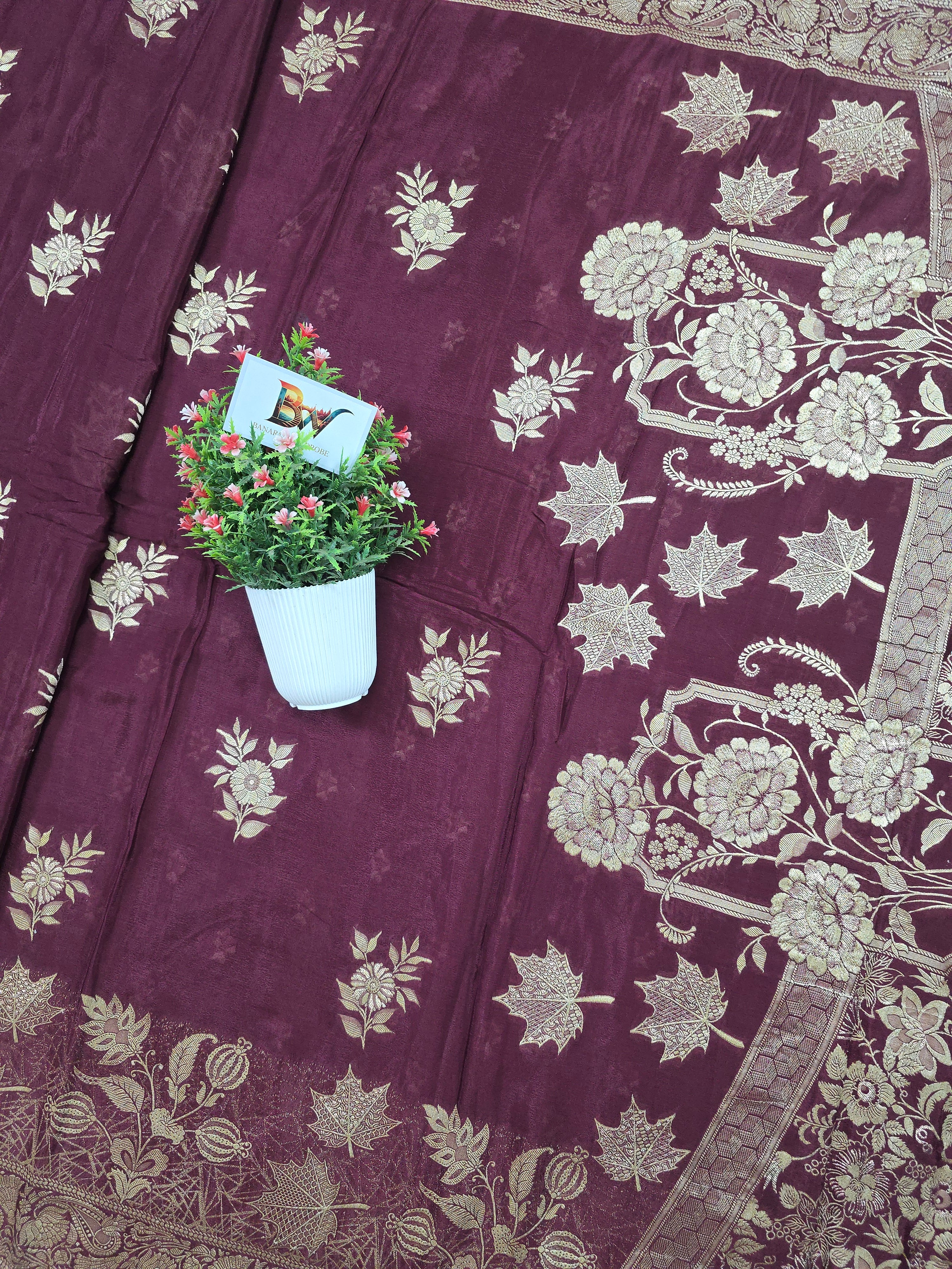 Crush Crepe Banarasi Saree – Brown Body with Flower Boota