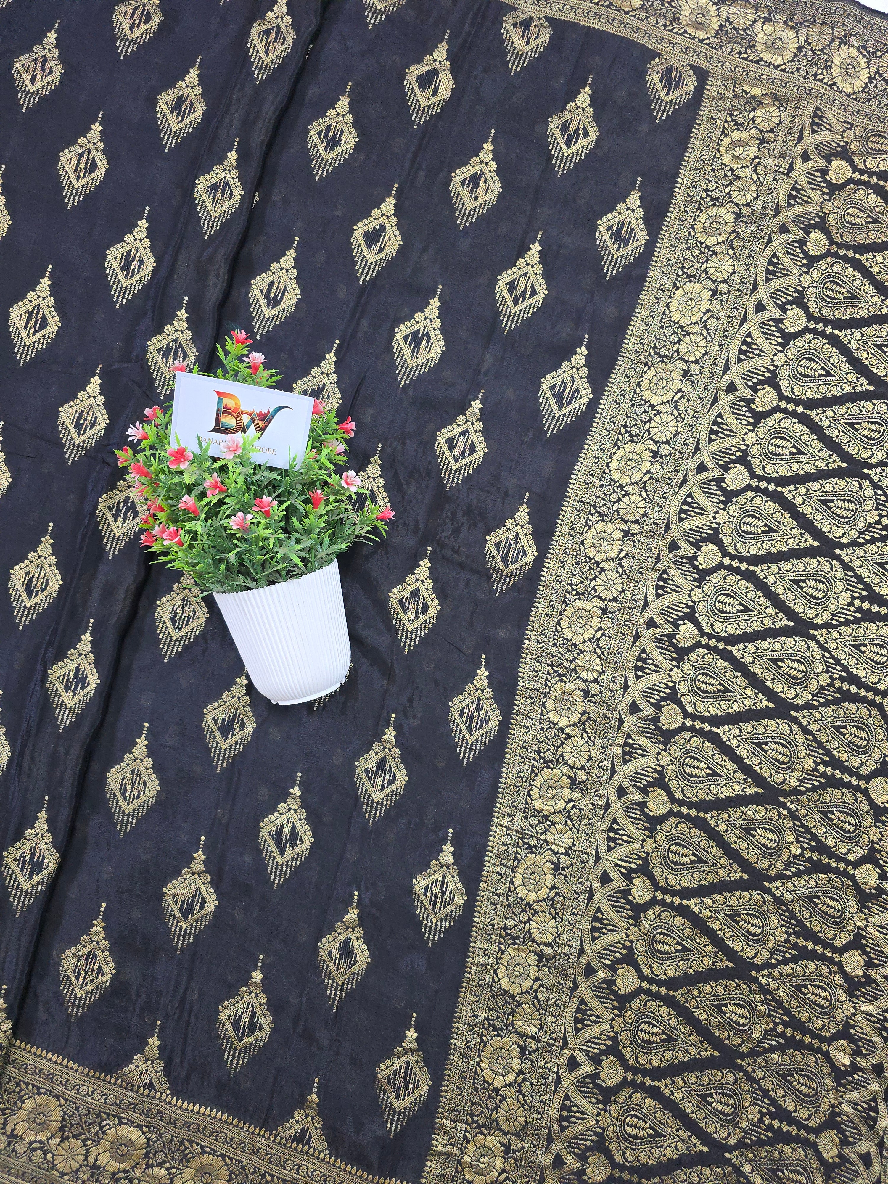 Crush Crepe Banarasi Saree – Black Body with Geometric Zari Boota