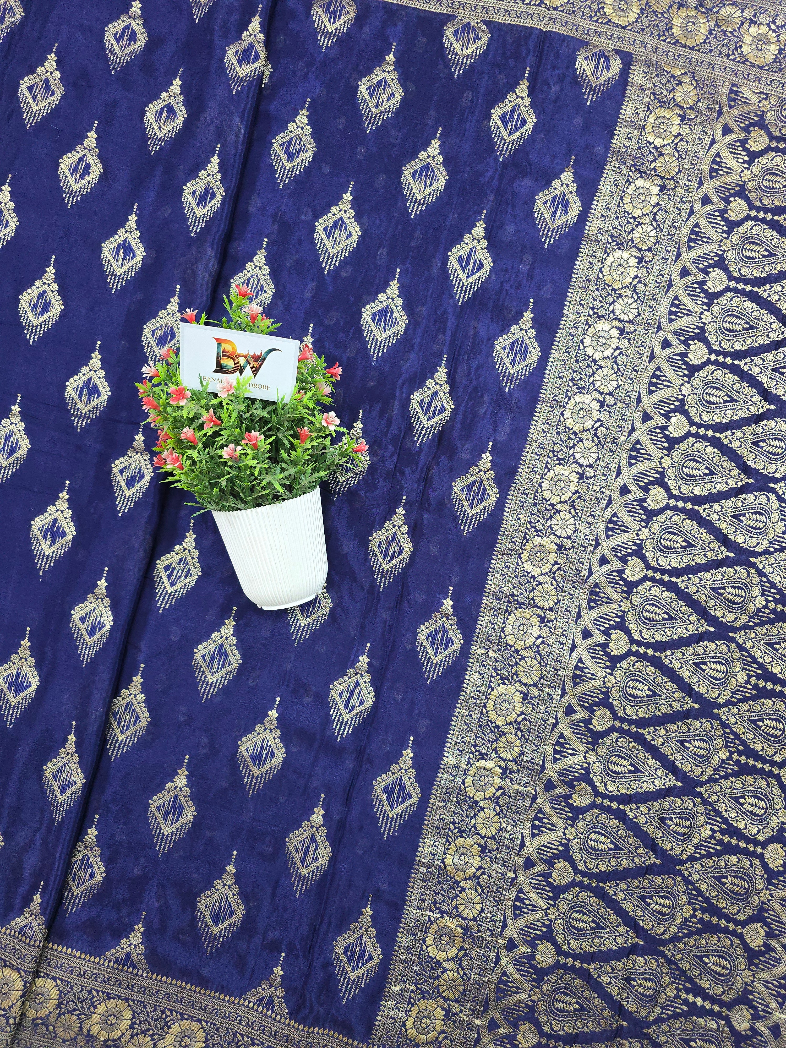 Crush Crepe Banarasi Saree – Navy Blue Body with Geometric Zari Boota