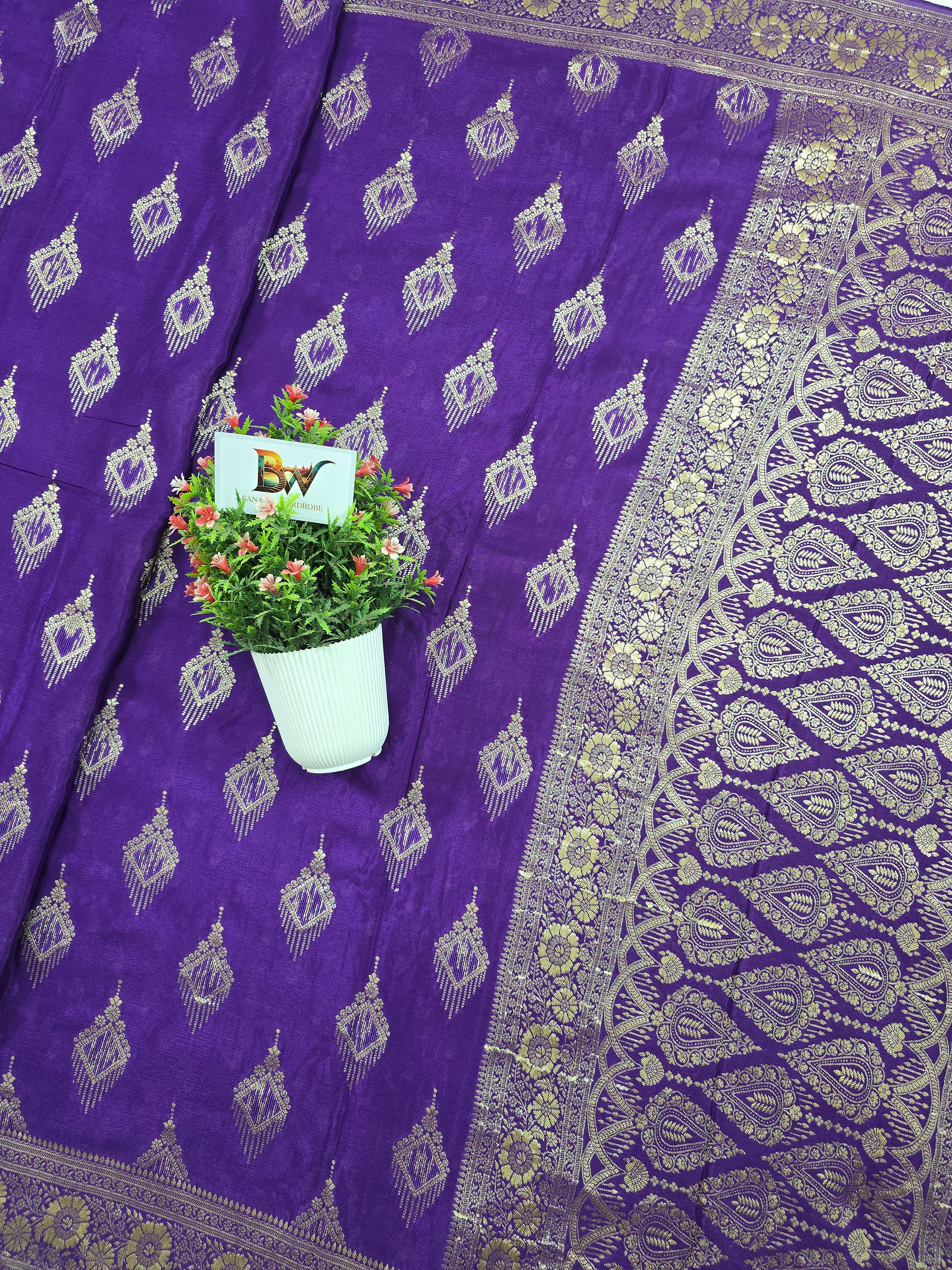 Crush Crepe Banarasi Saree – Royal Purple Body with Geometric Zari Boota