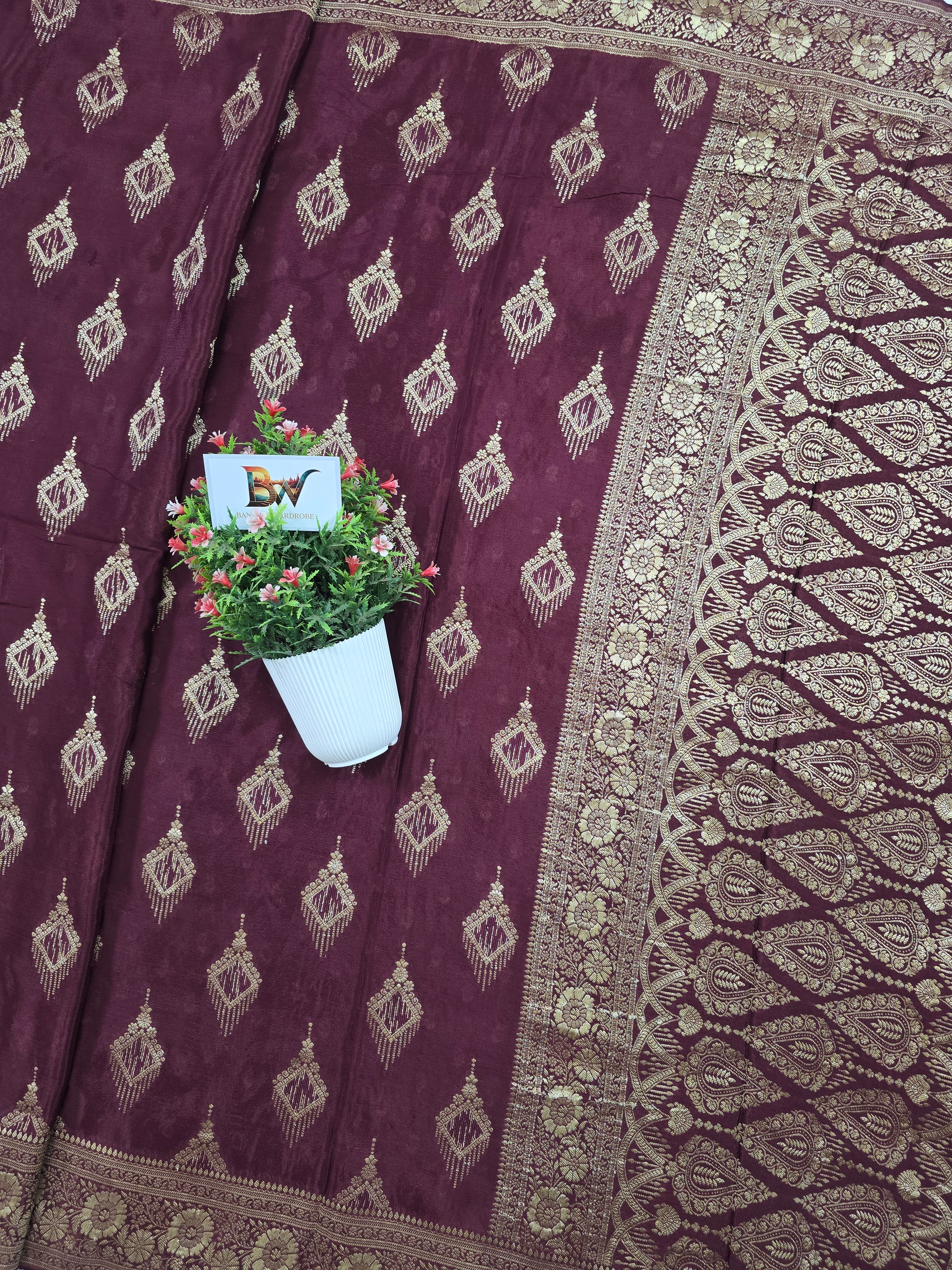 Crush Crepe Banarasi Saree – Deep Wine Body with Geometric Zari Boota