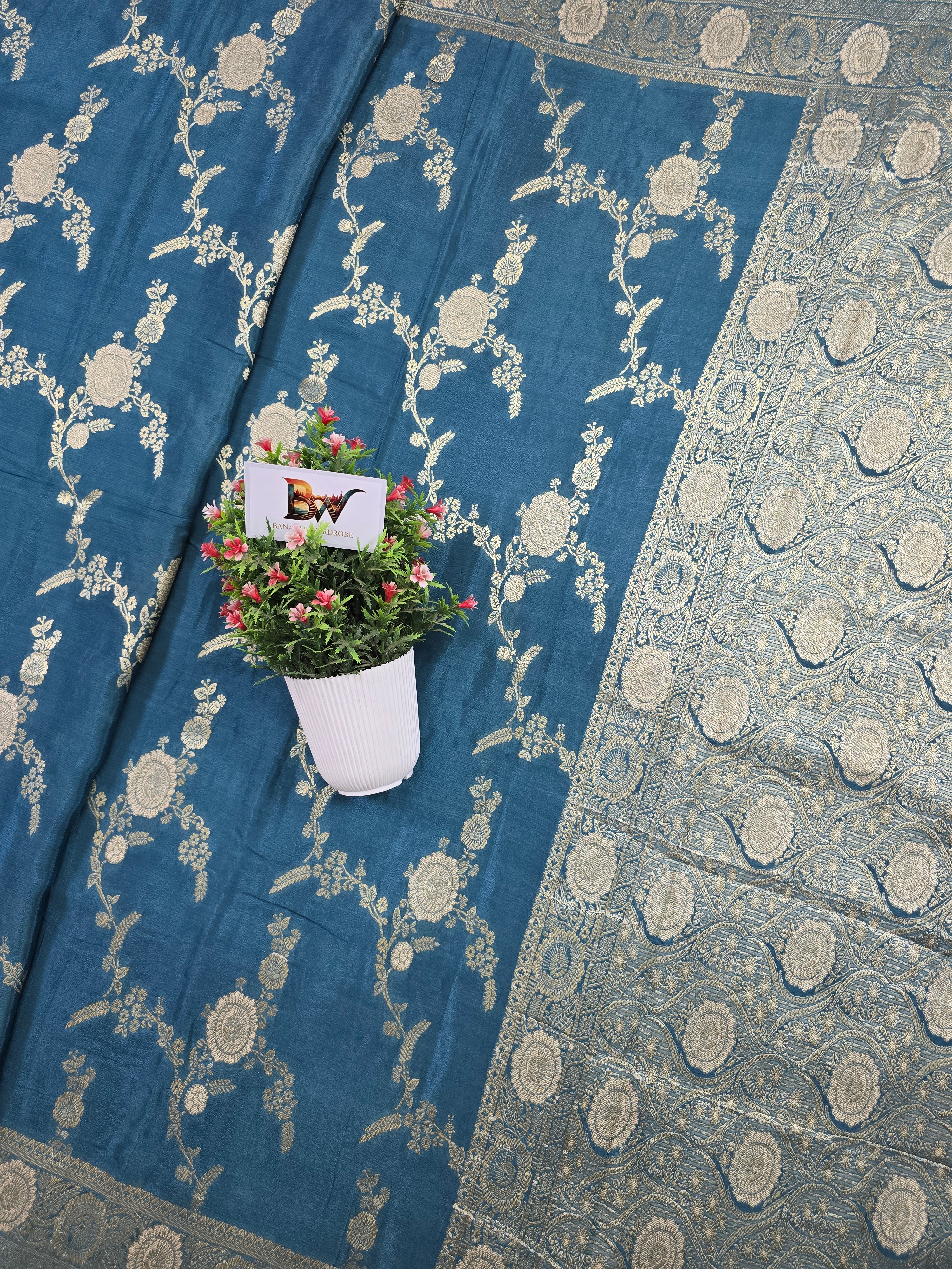 Crush Crepe Banarasi Saree – Firozi Blue Body with All Over Boota Jaal