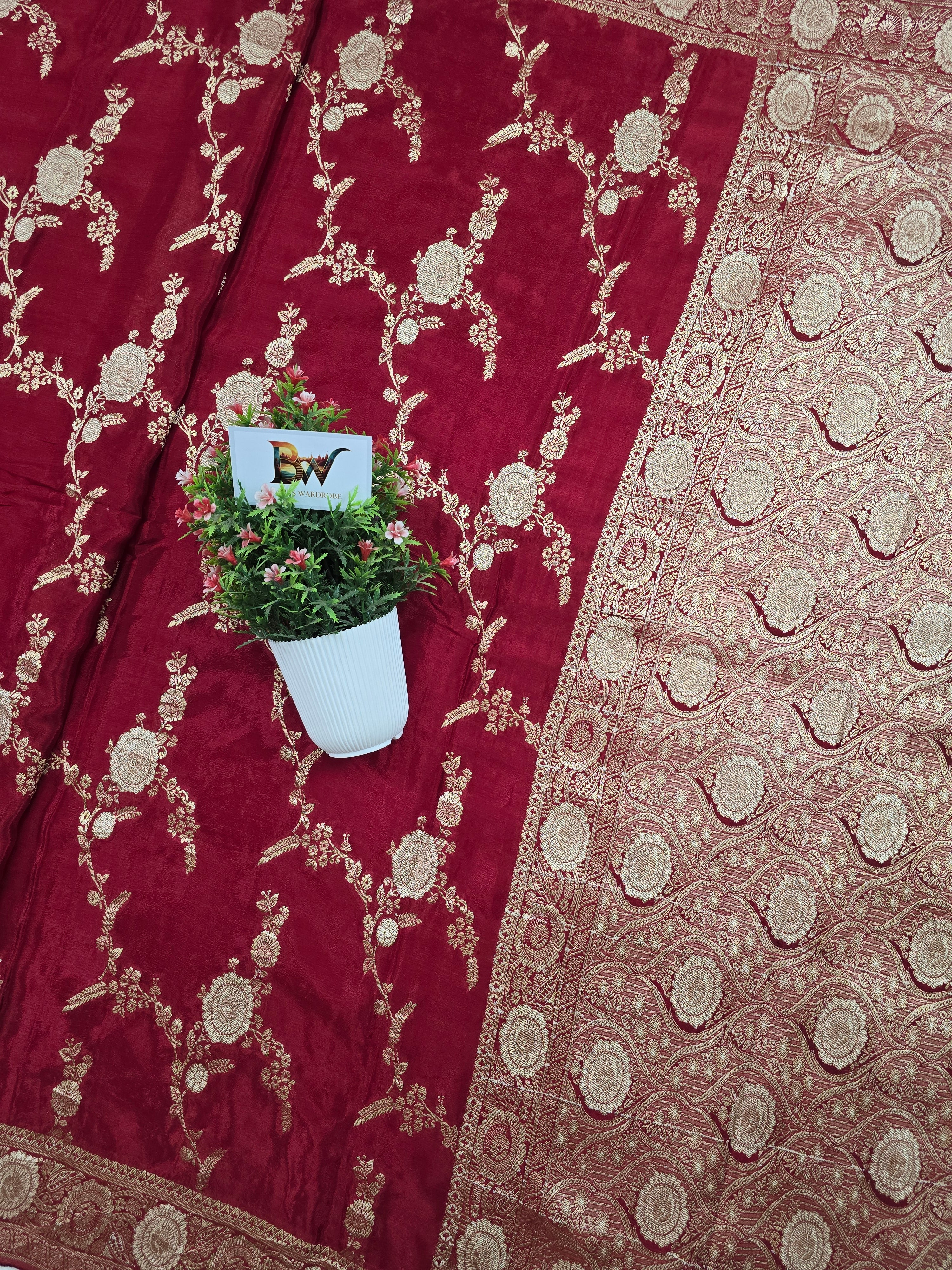 Crush Crepe Banarasi Saree – Maroon with All Over Boota Jaal