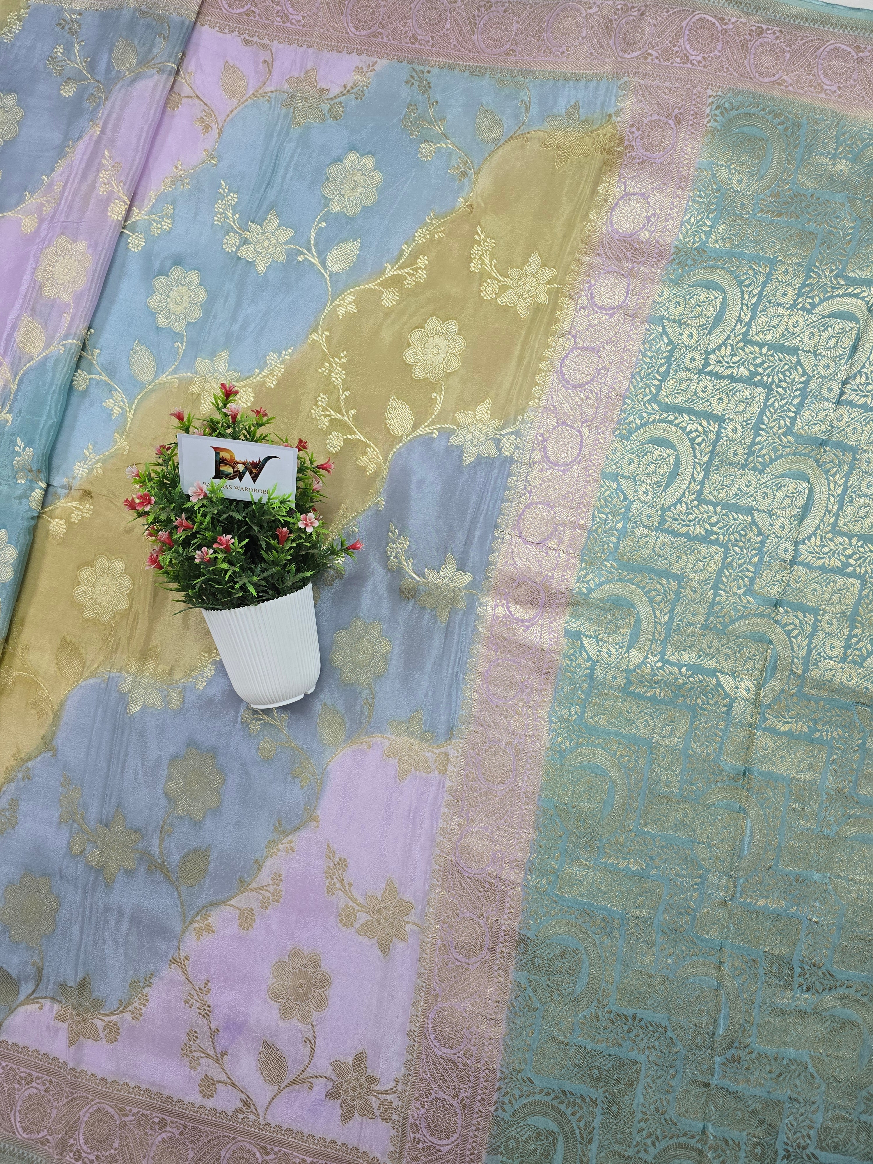 Crush Crepe Light MultiColor Rangkaat Jaal Banarasi Saree