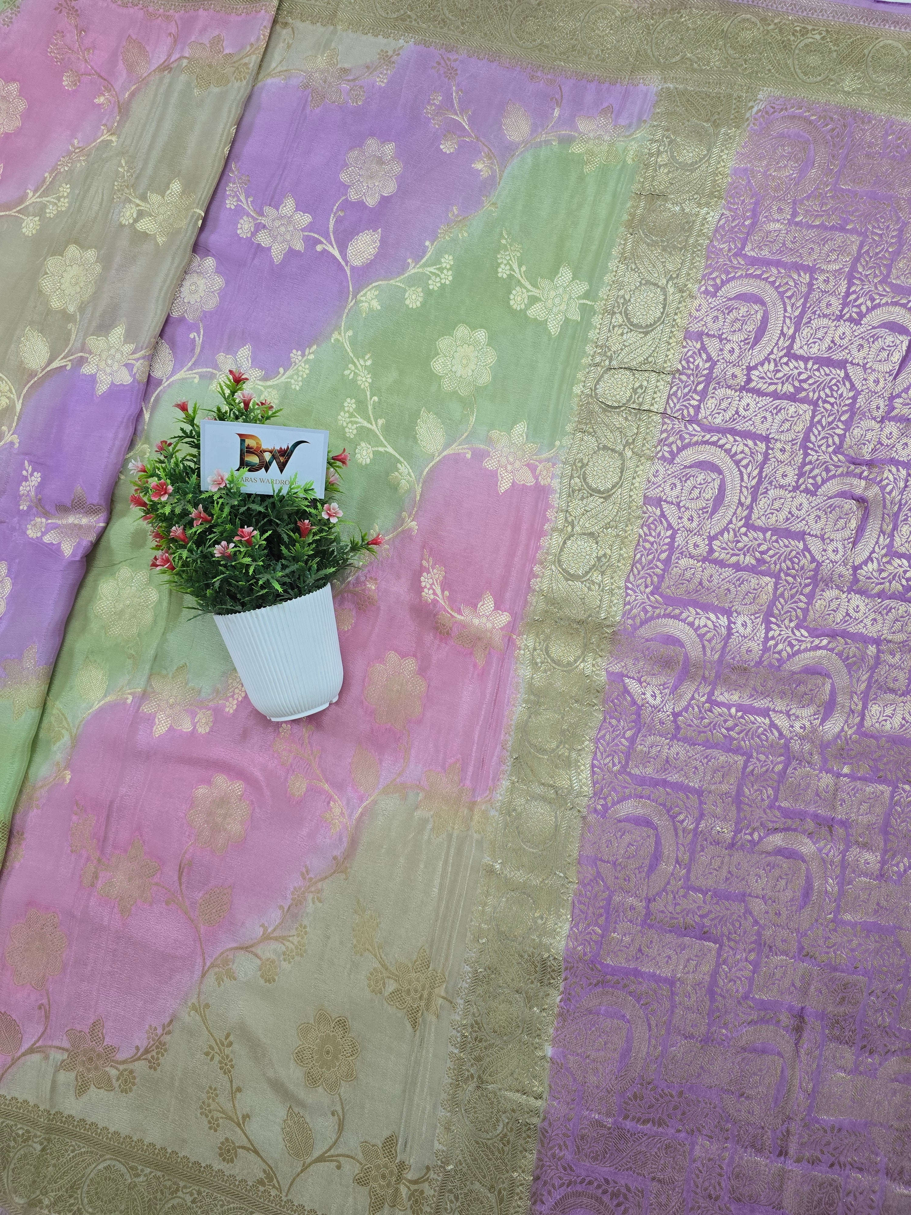 Crush Crepe Light MultiColor Rangkaat Jaal Banarasi Saree