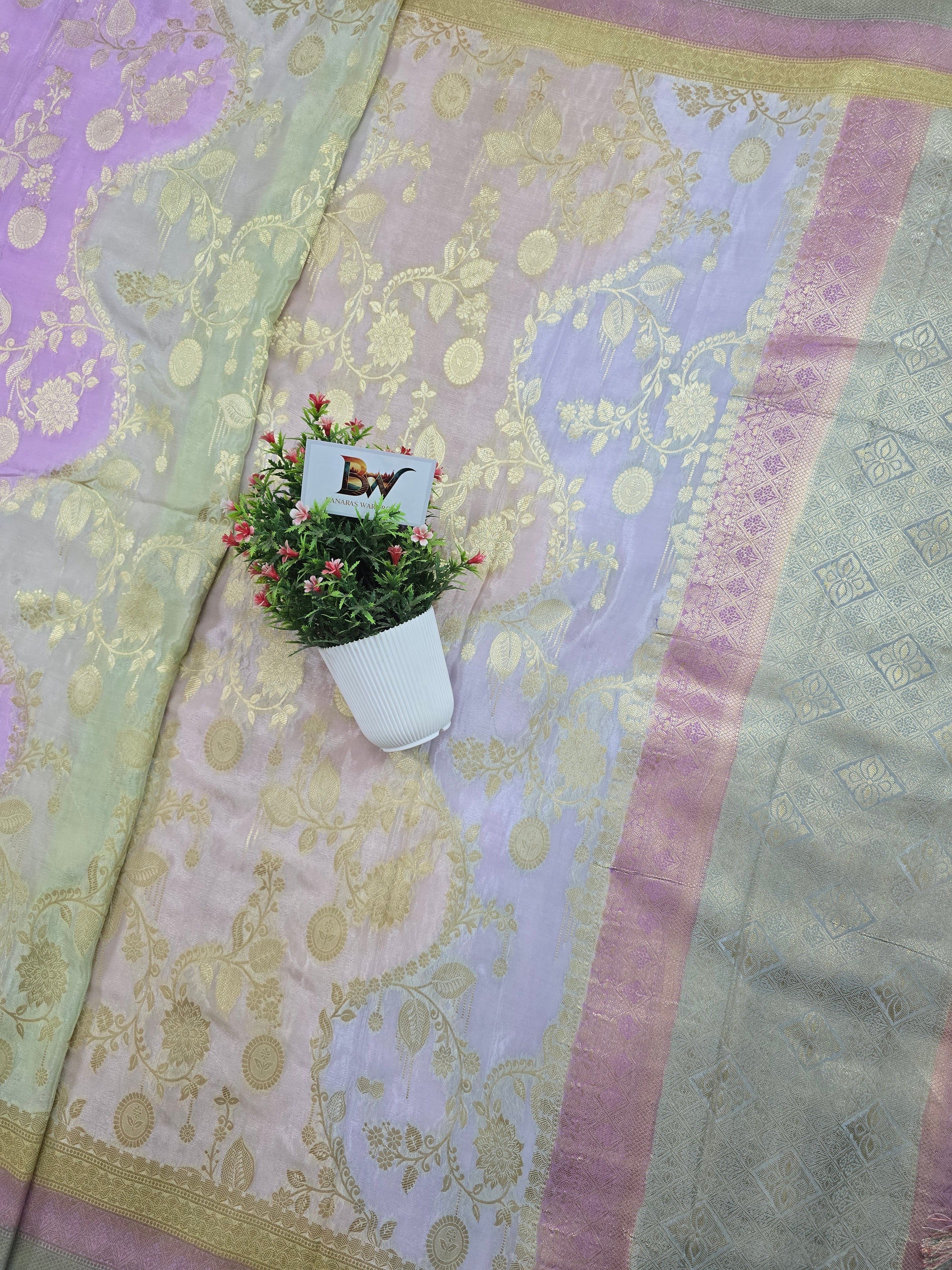 Crush Crepe Light MultiColor Rangkaat Jaal Banarasi Saree with Boota & Tricolour Border