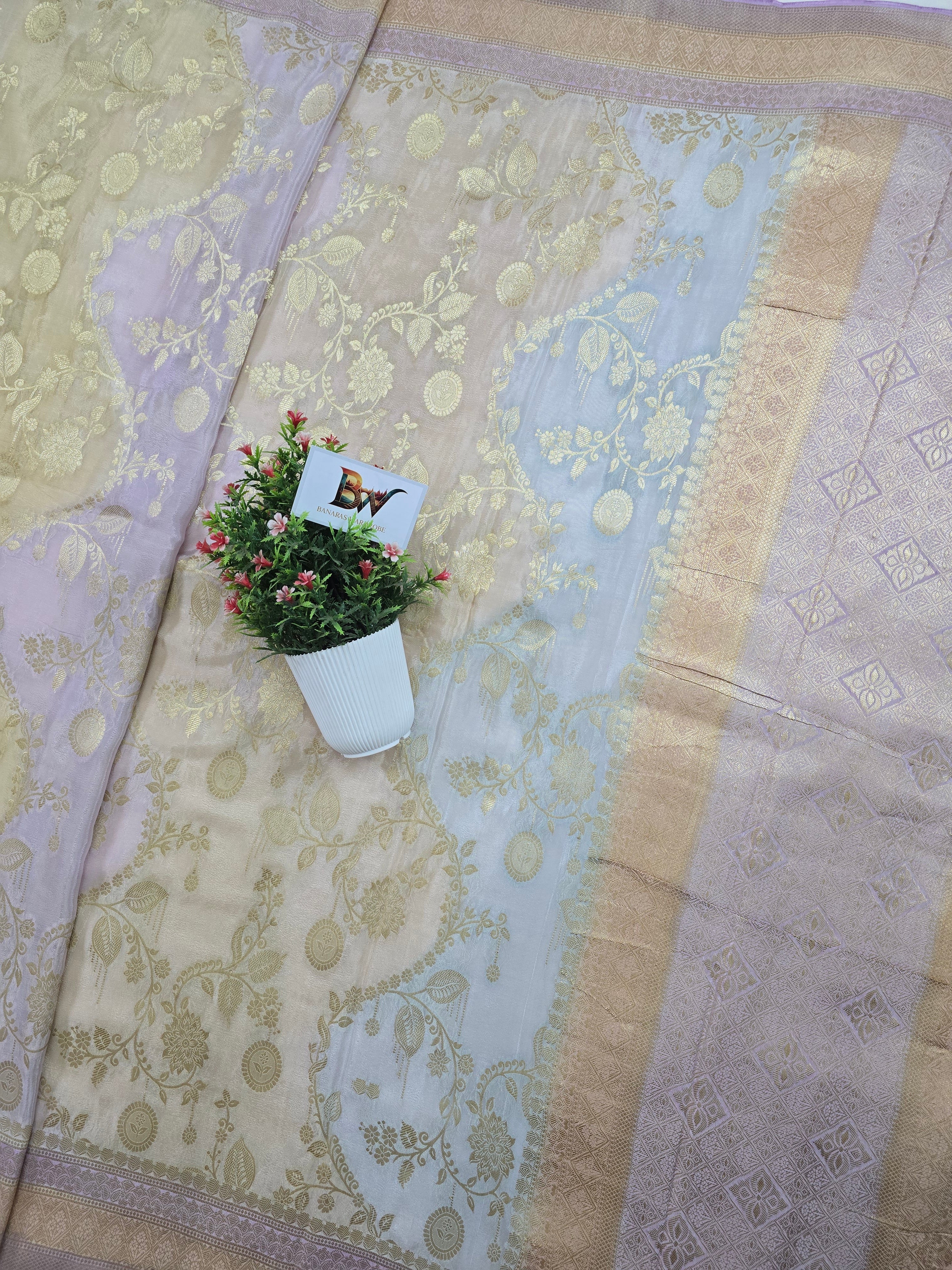 Crush Crepe Light MultiColor Rangkaat Jaal Banarasi Saree with Boota & Tricolour Border