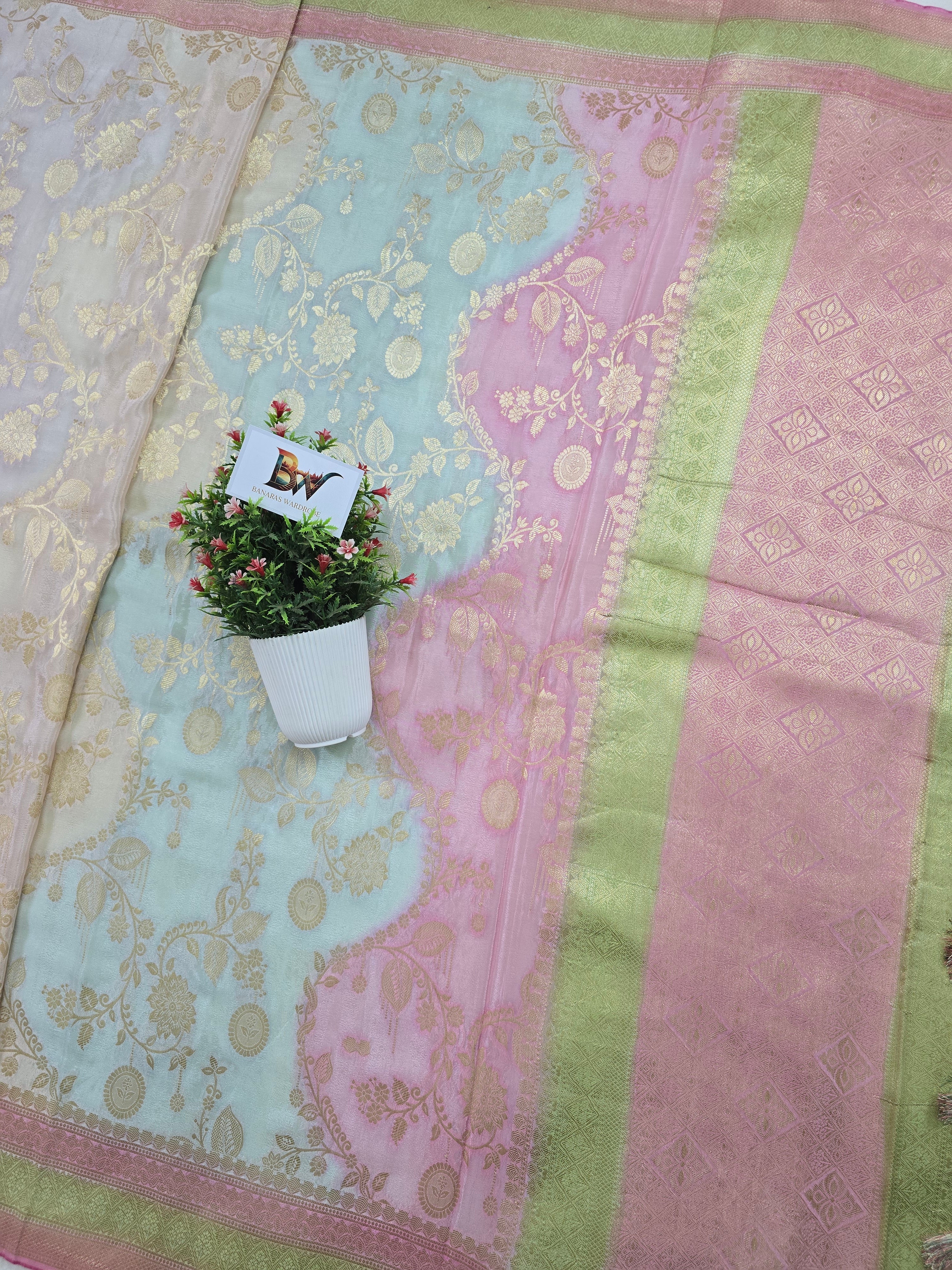 Crush Crepe Light MultiColor Rangkaat Jaal Banarasi Saree with Boota & Tricolour Border