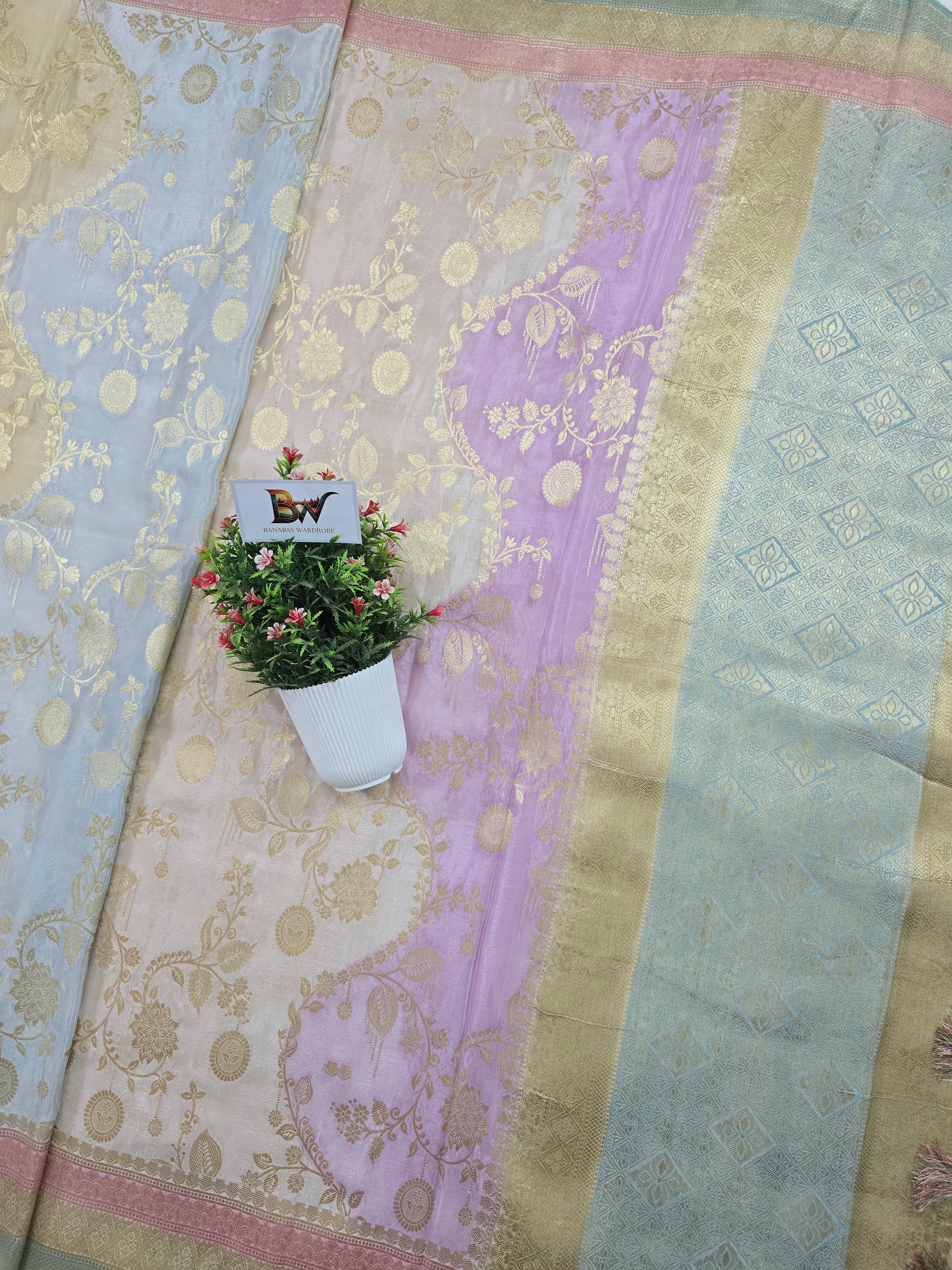 Crush Crepe Light MultiColor Rangkaat Jaal Banarasi Saree with Boota & Tricolour Border