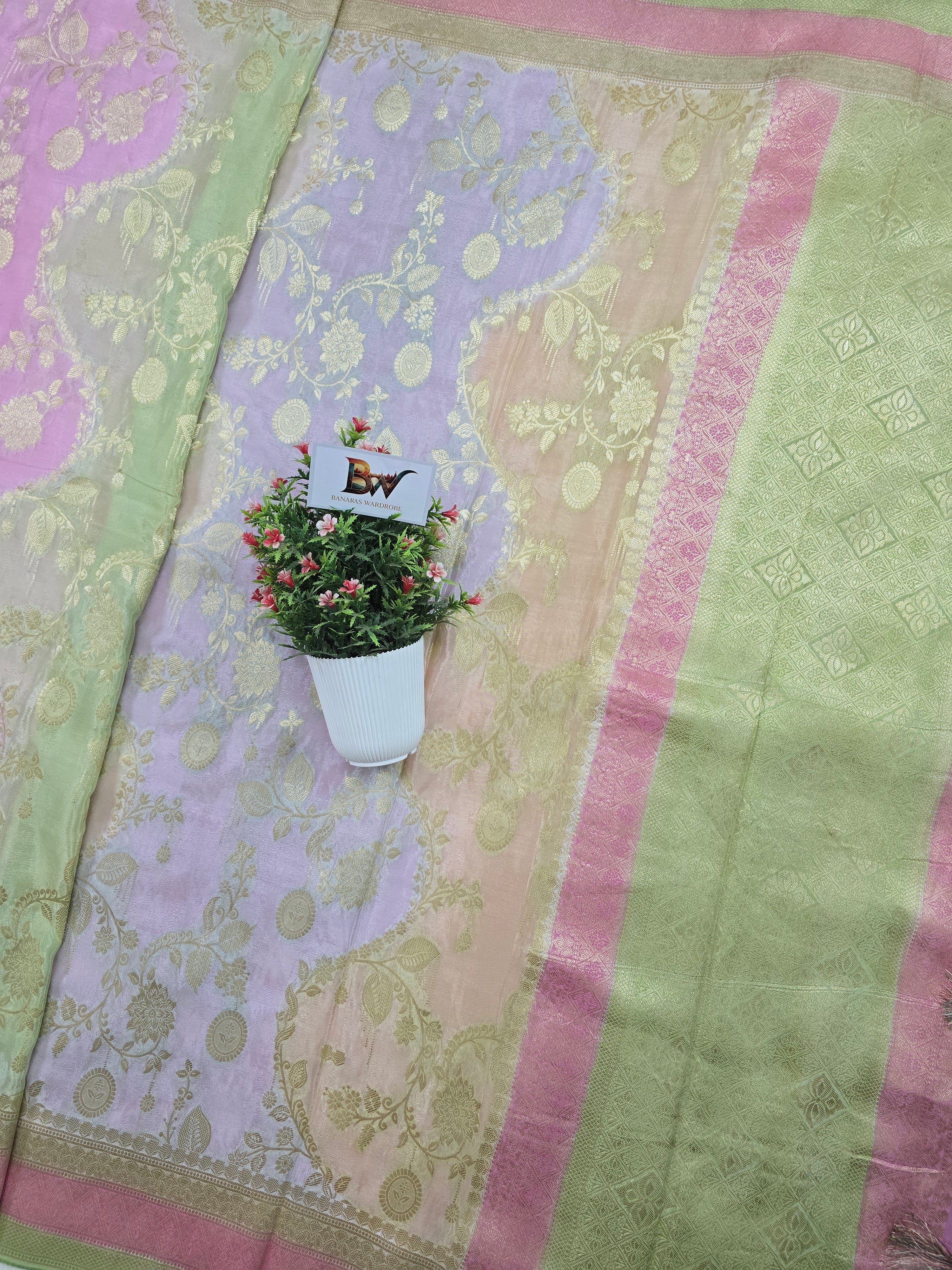 Crush Crepe Light MultiColor Rangkaat Jaal Banarasi Saree with Boota & Tricolour Border