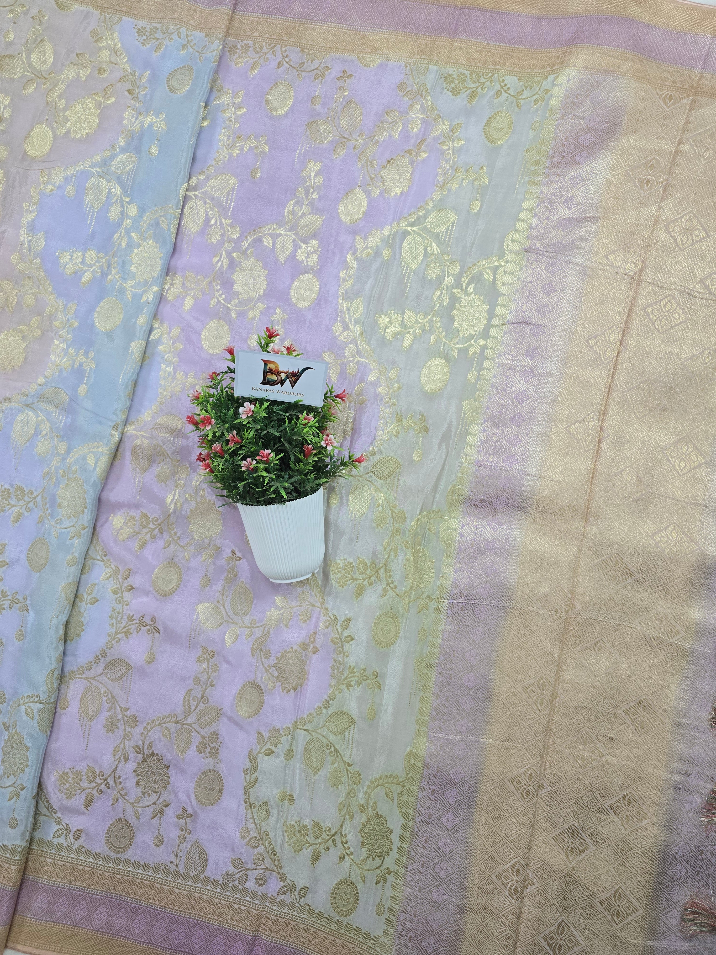 Crush Crepe Light MultiColor Rangkaat Jaal Banarasi Saree with Boota & Tricolour Border