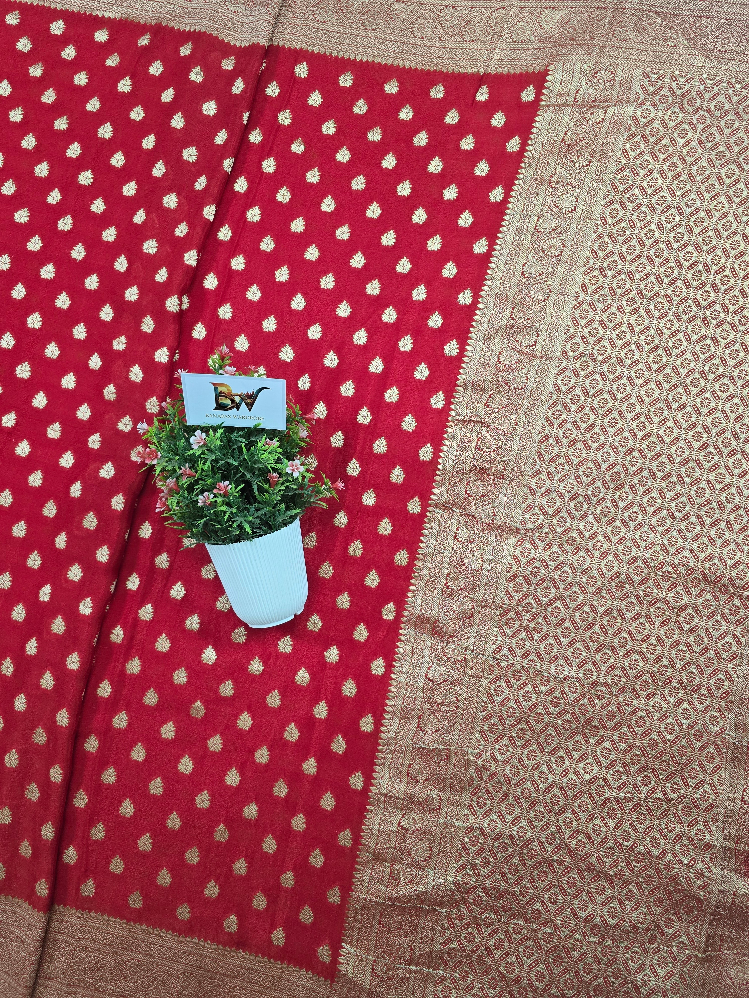 Crush Crepe Banarasi Saree – Red Body with Golden Bootis