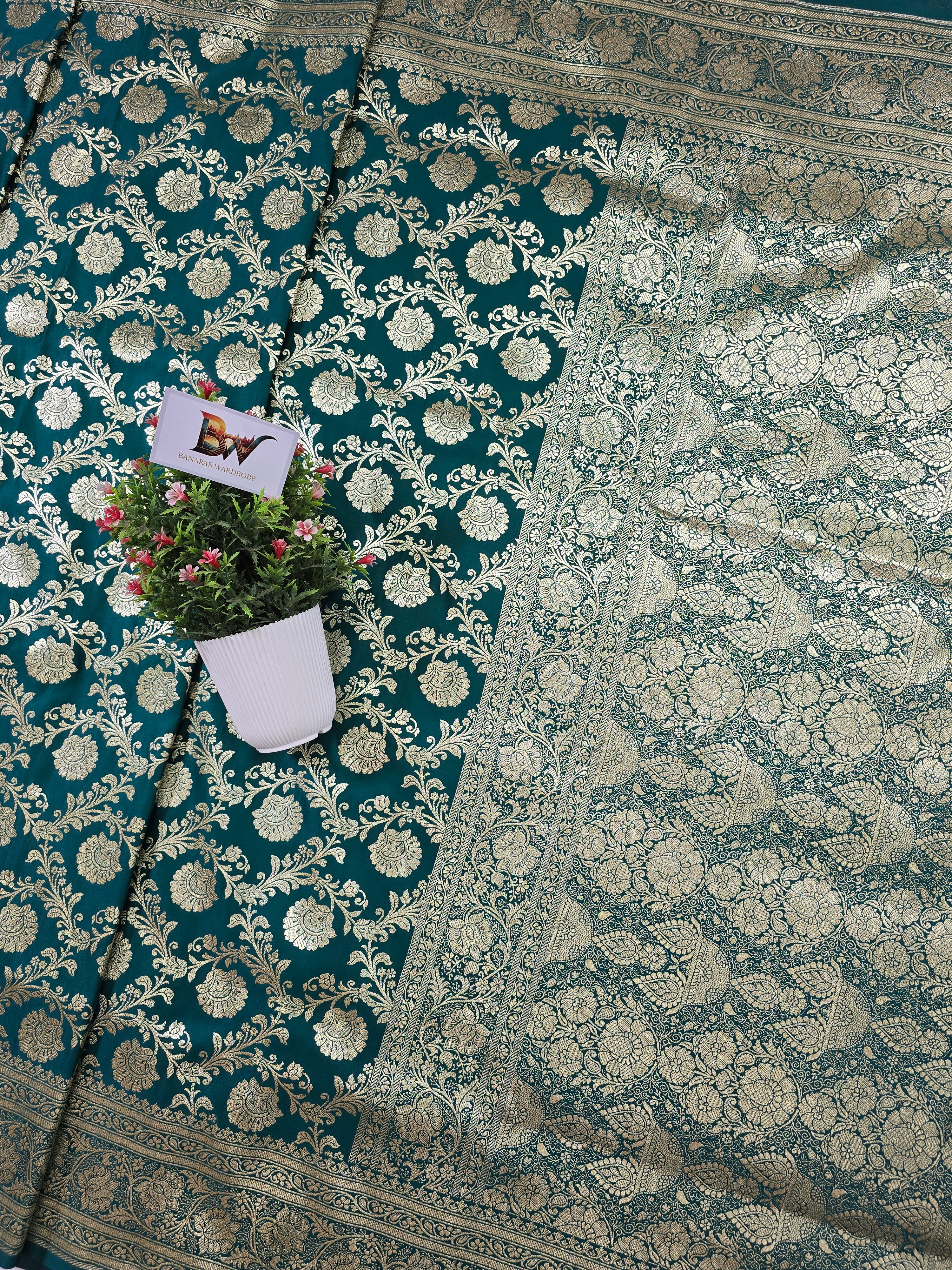 Satin Katan Silk Jaal Banarasi Saree – Sea Green with Gold Zari Jaal