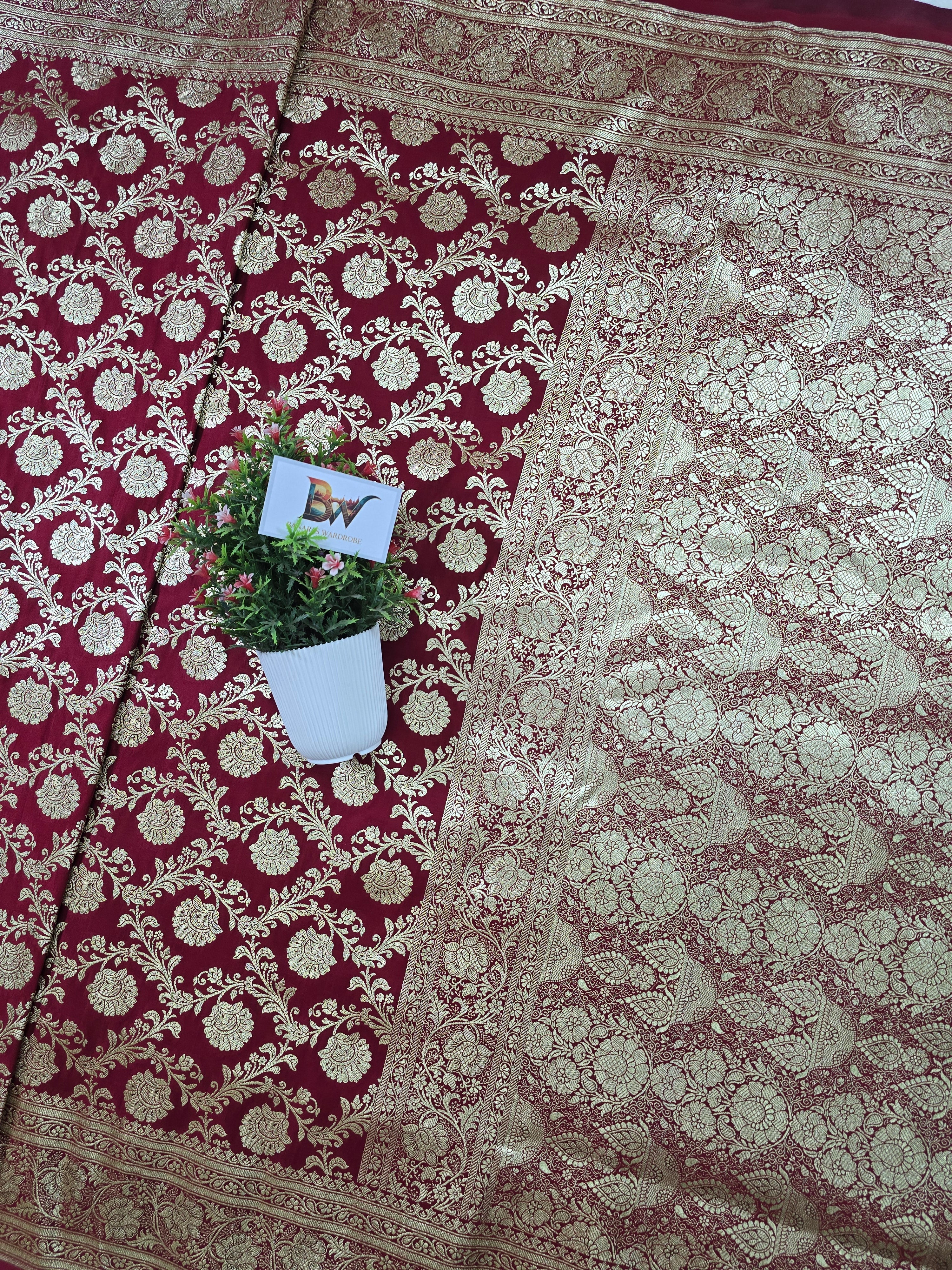 Satin Katan Silk Jaal Banarasi Saree – Maroon with Gold Zari Jaal