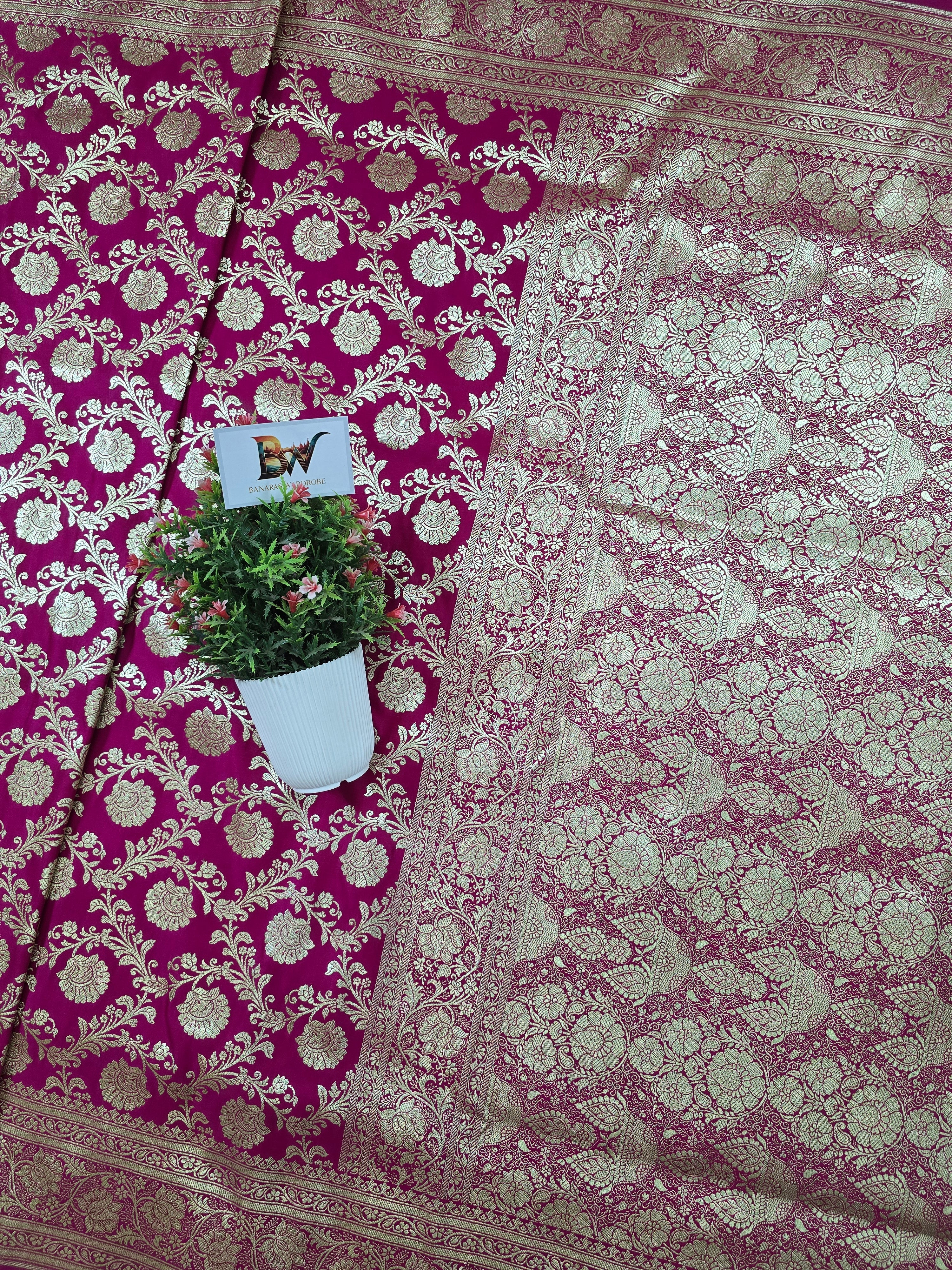 Satin Katan Silk Jaal Banarasi Saree – Rani Pink with Gold Zari Jaal