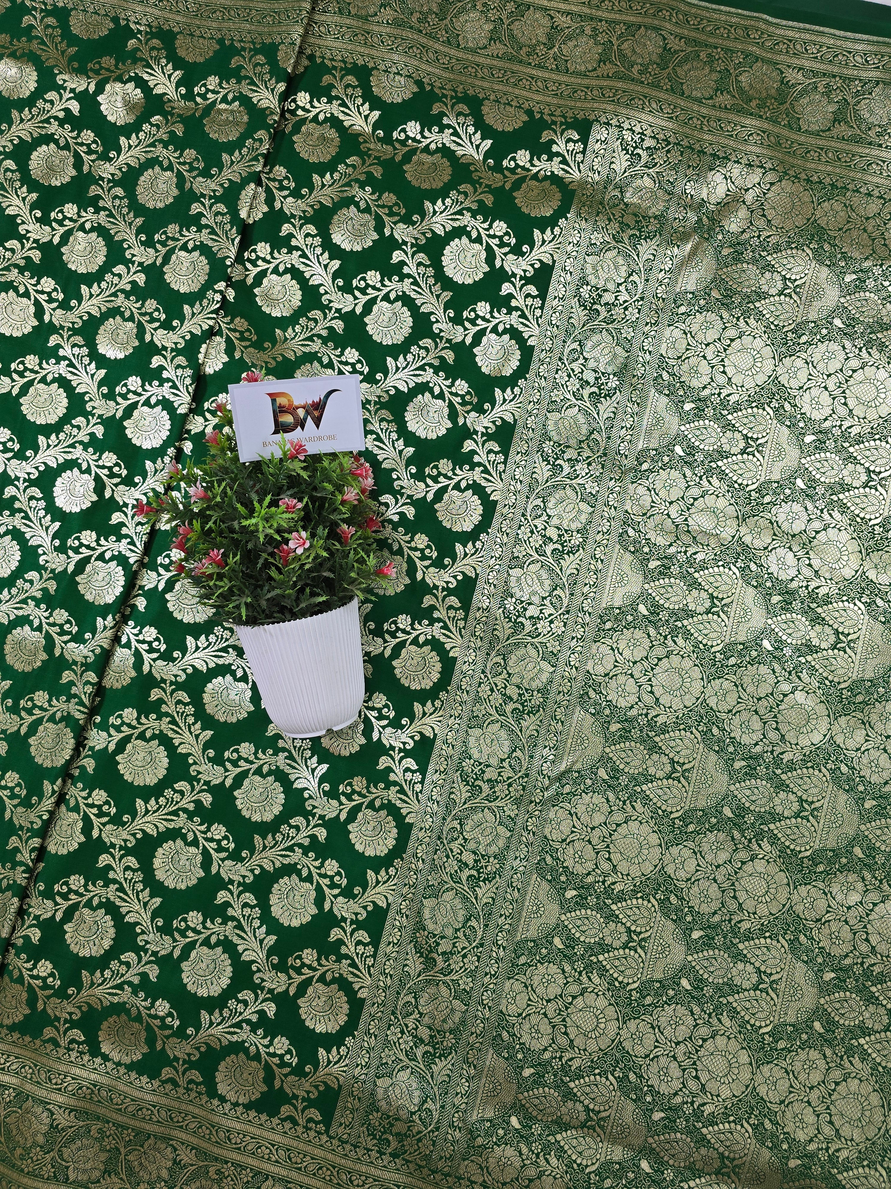 Satin Katan Silk Jaal Banarasi Saree – Emerald Green with Gold Zari Jaal