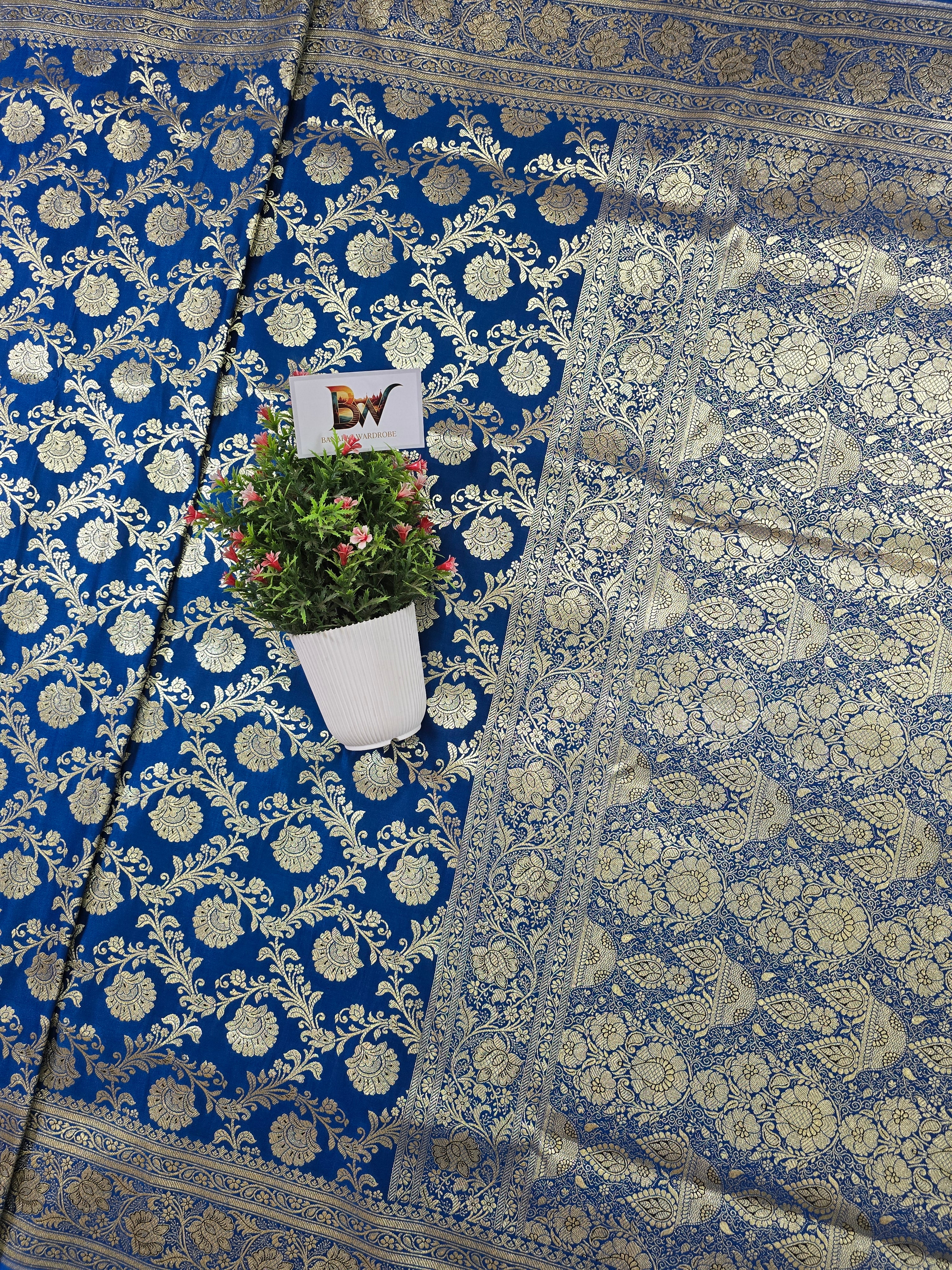 Satin Katan Silk Jaal Banarasi Saree – Firozi Blue with Gold Zari Jaal