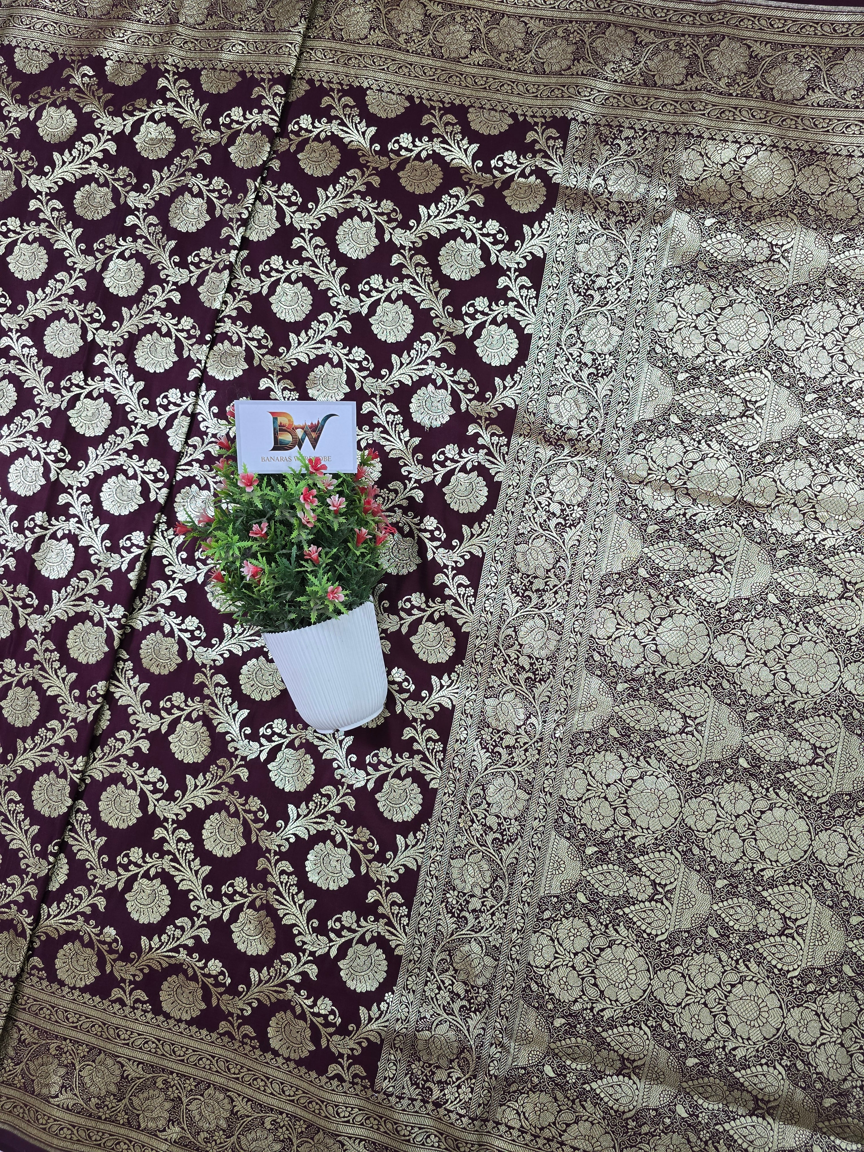 Satin Katan Silk Jaal Banarasi Saree – Deep Maroon with Gold Zari Jaal