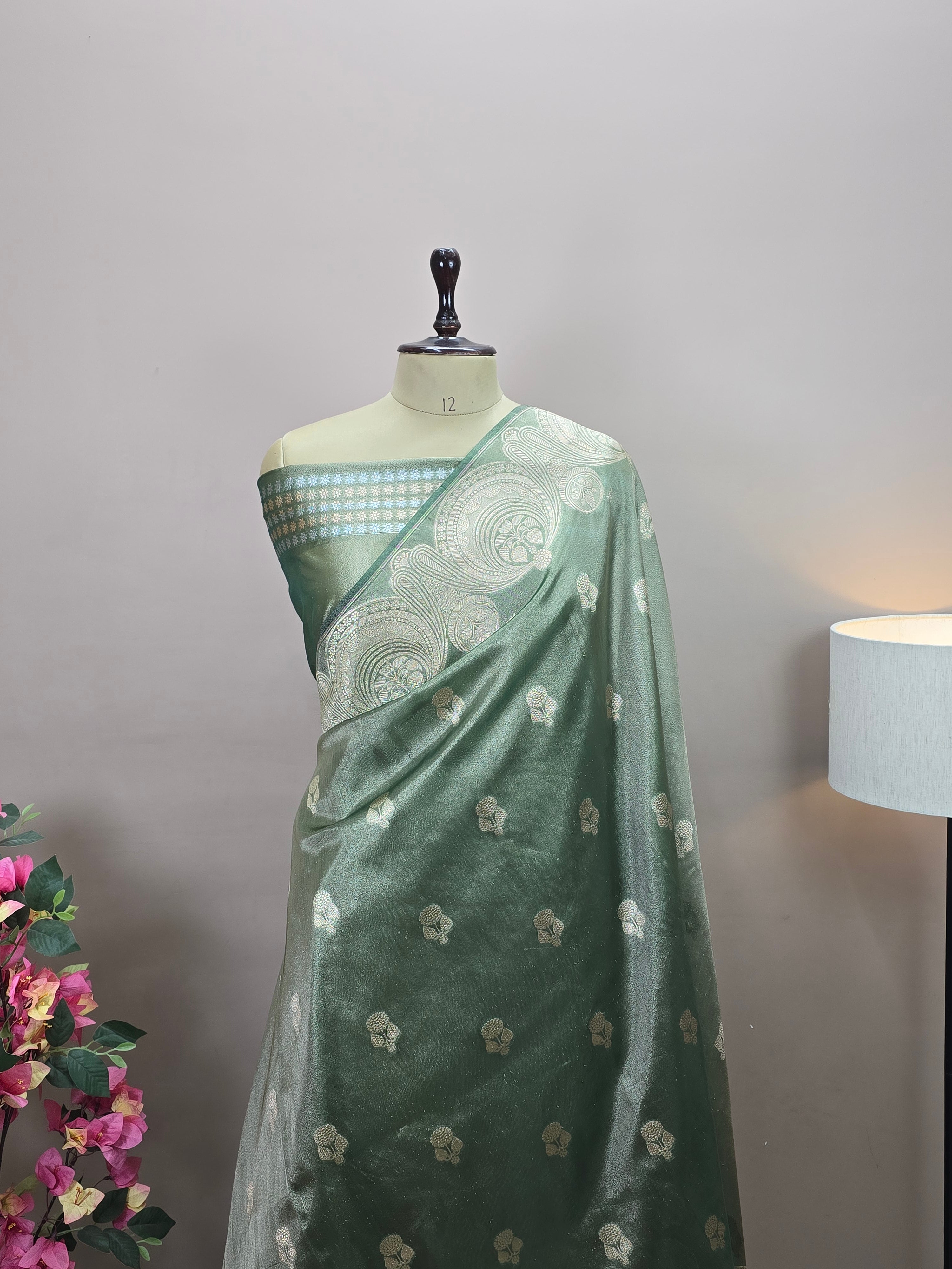 Banarasi Tissue Silk Saree with Paisley Mughal Scallop Border