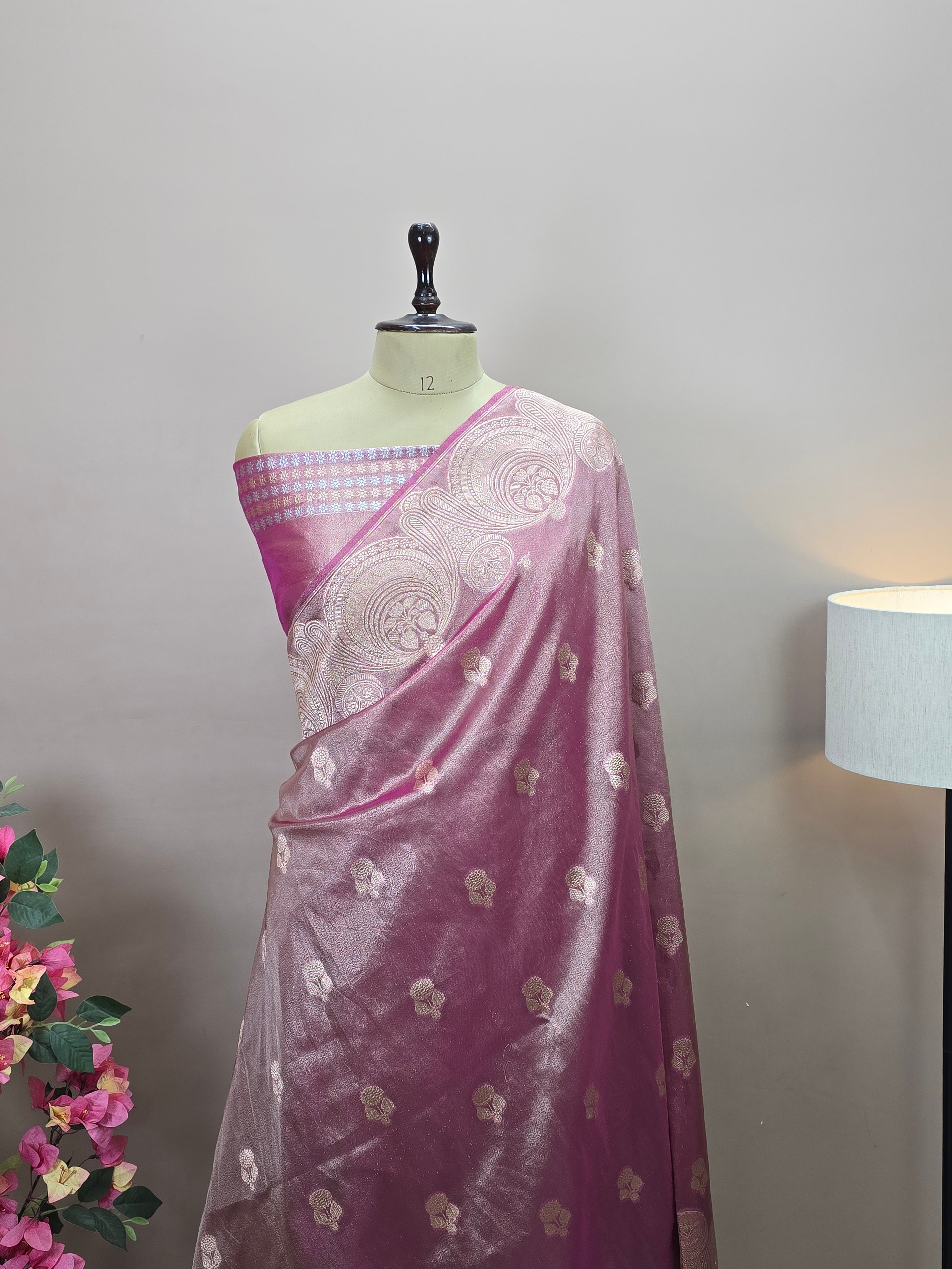 Banarasi Tissue Silk Saree with Paisley Mughal Scallop Border