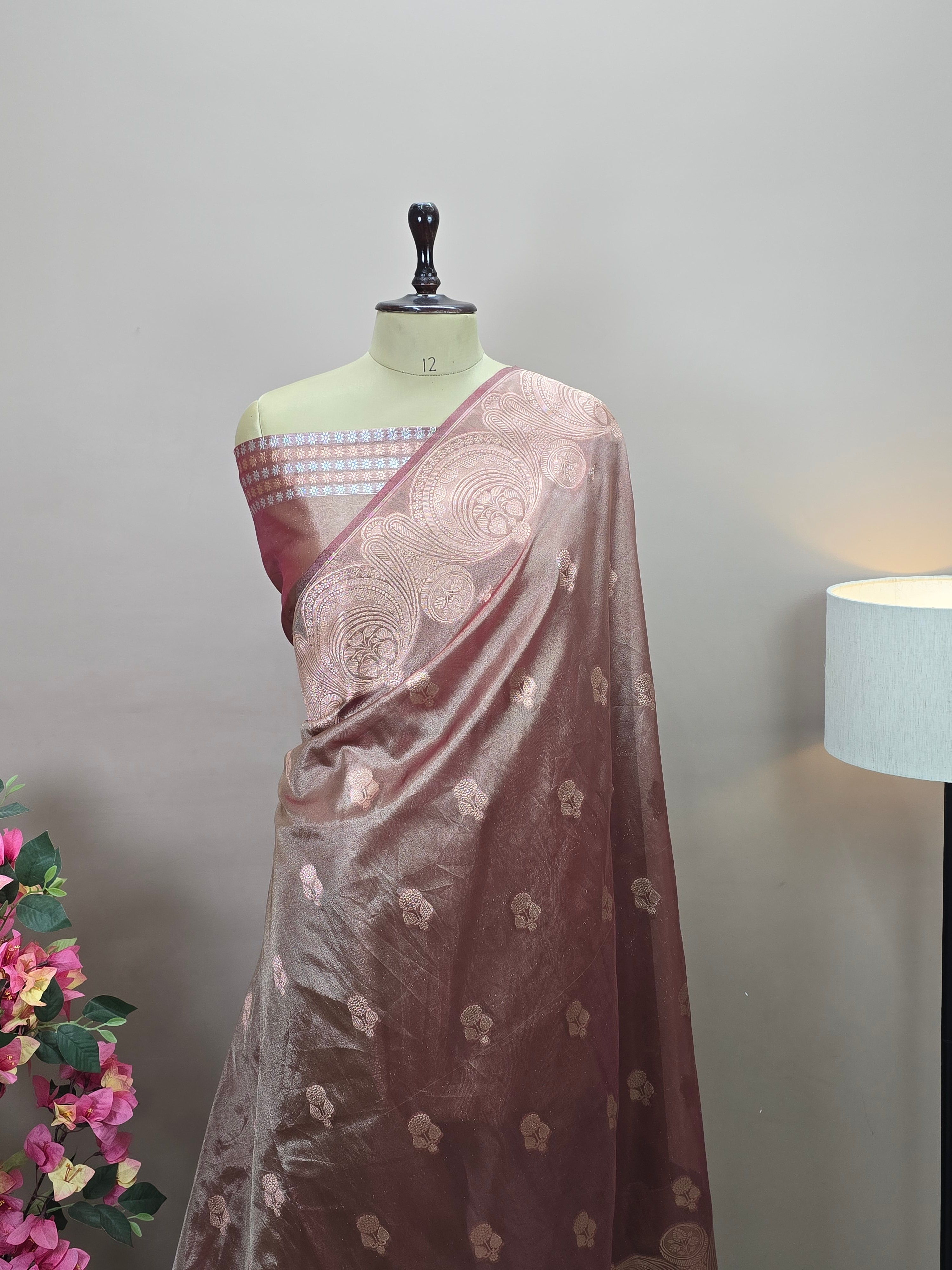 Banarasi Tissue Silk Saree with Paisley Mughal Scallop Border