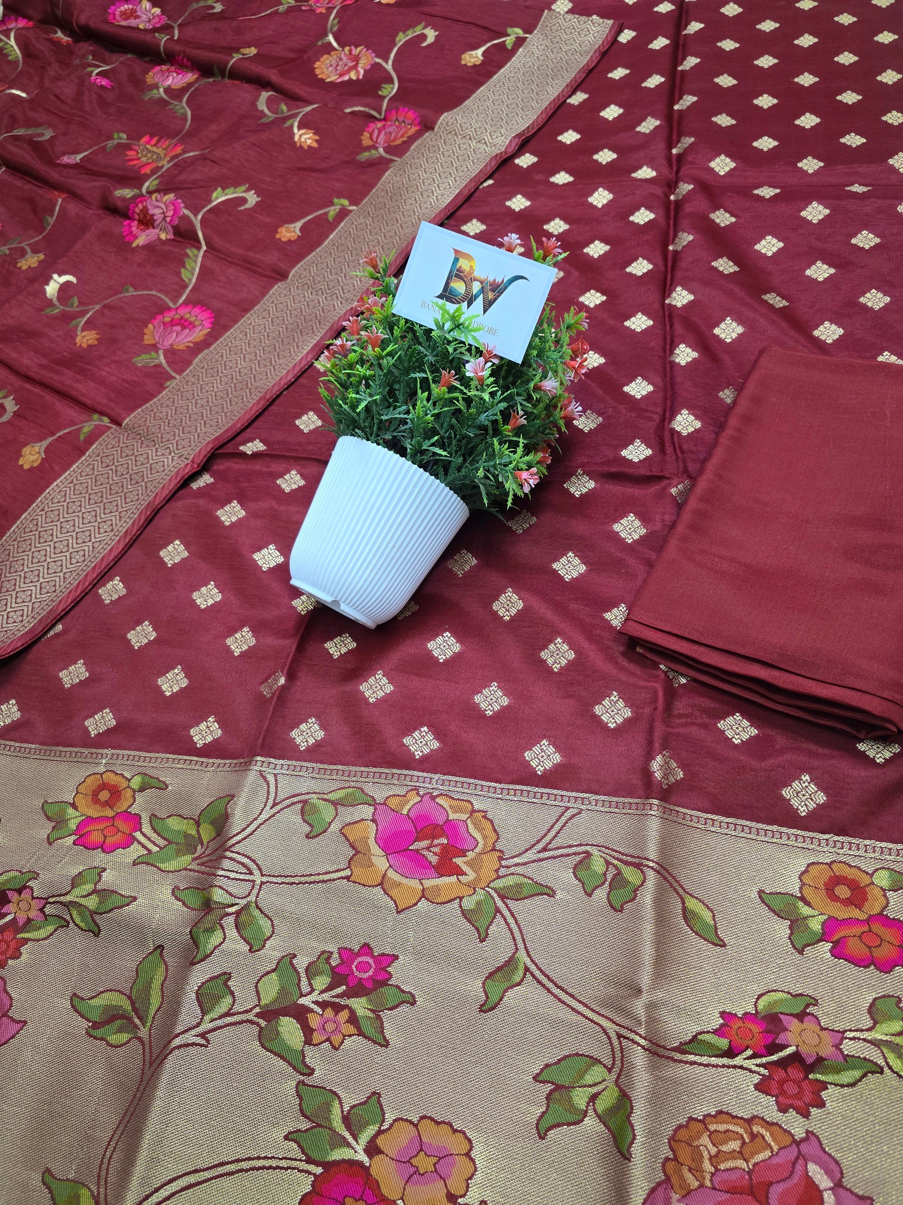 Banarasi Rayon Crepe Silk Suit with Floral Woven Dupatta