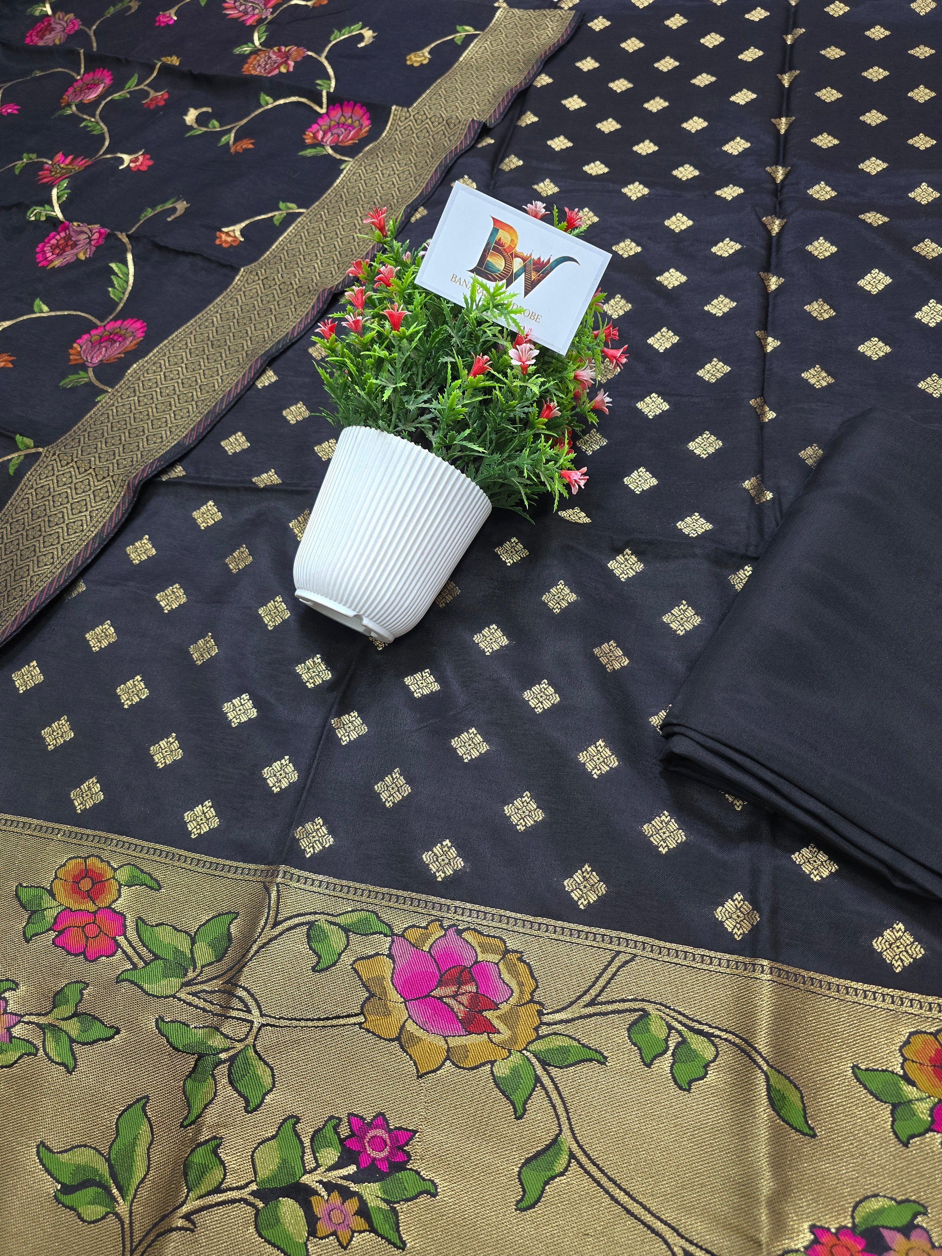 Banarasi Rayon Crepe Silk Suit with Floral Woven Dupatta