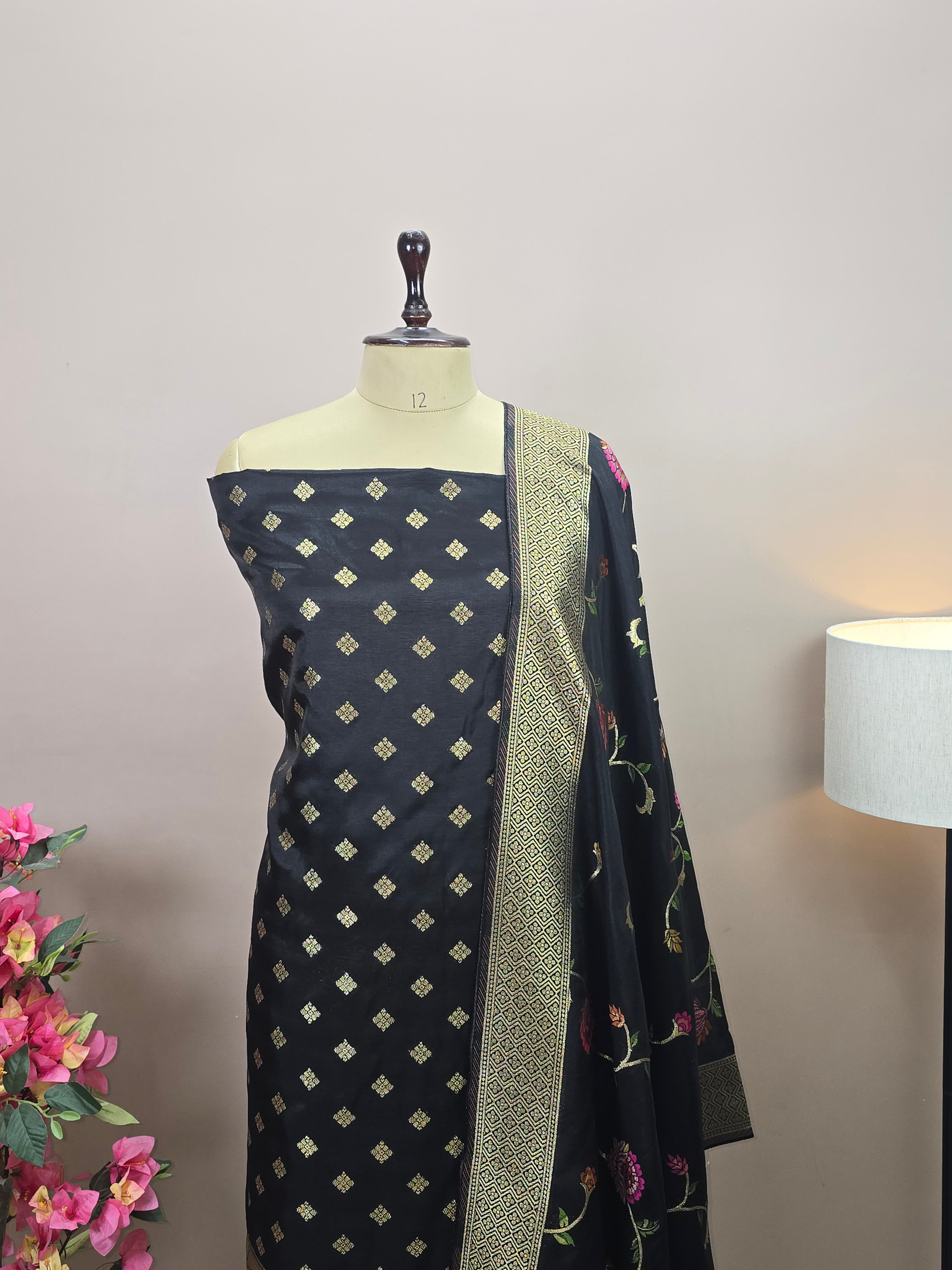 Banarasi Rayon Crepe Silk Suit with Floral Woven Dupatta