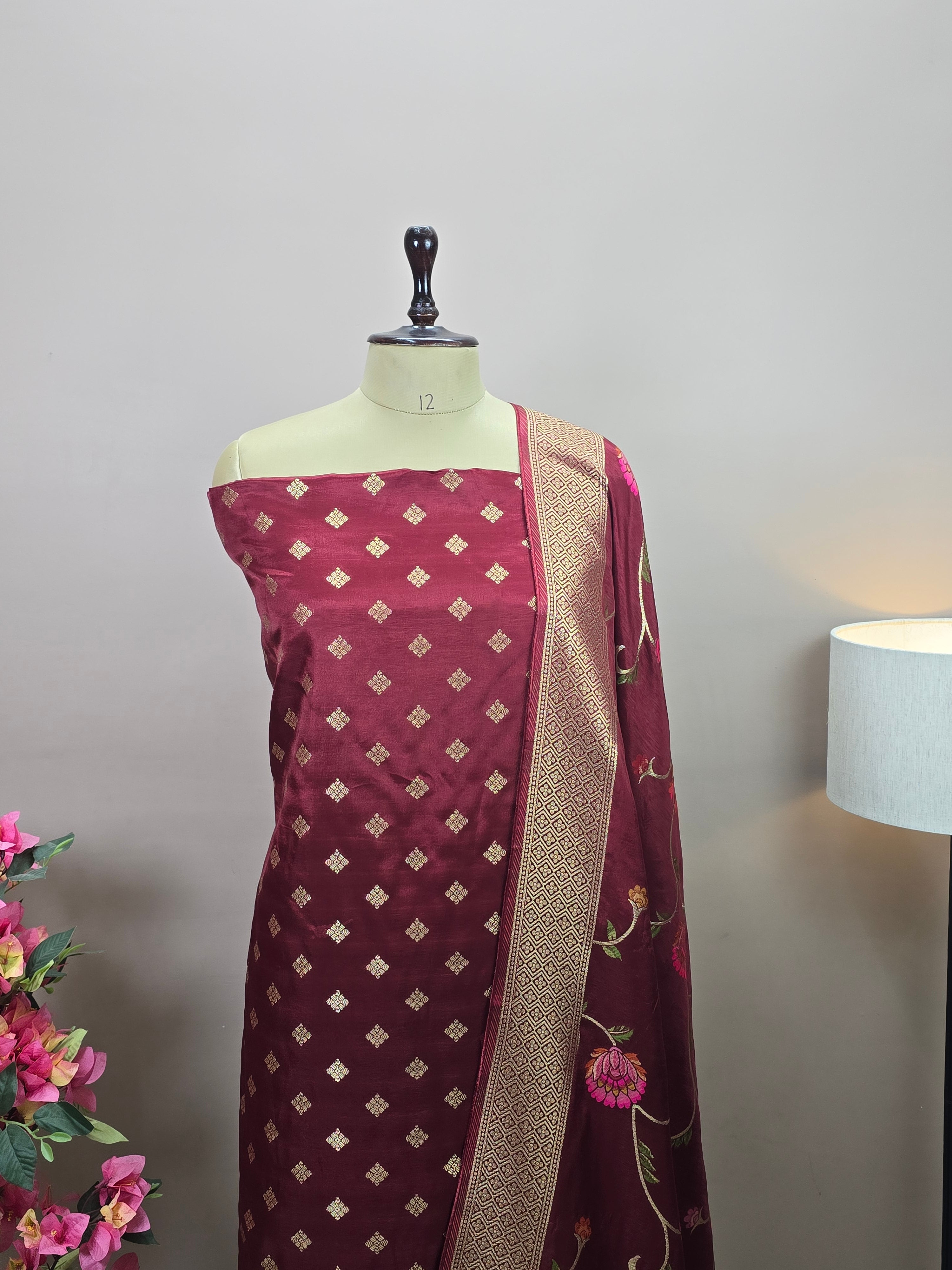 Banarasi Rayon Crepe Silk Suit with Floral Woven Dupatta