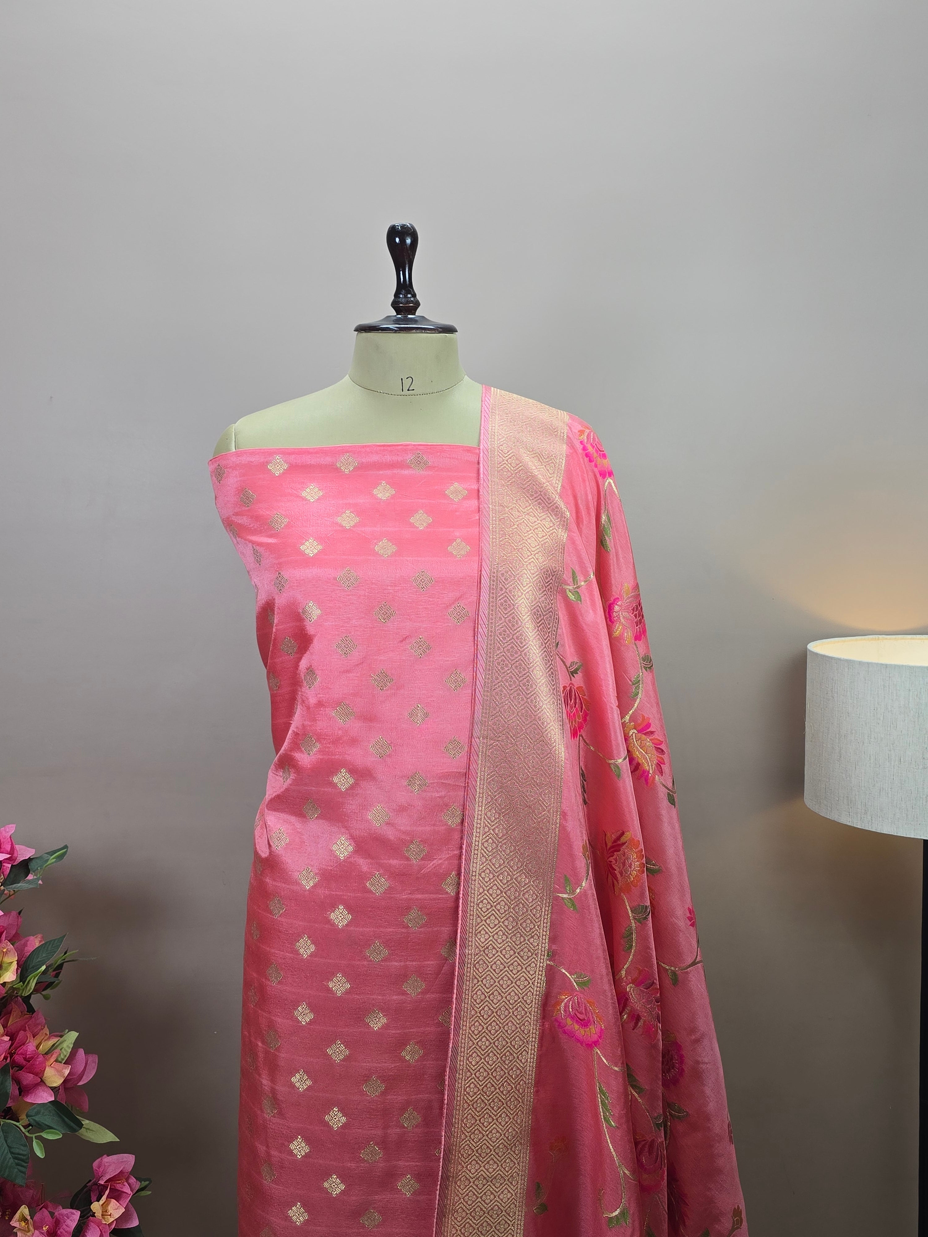 Banarasi Rayon Crepe Silk Suit with Floral Woven Dupatta