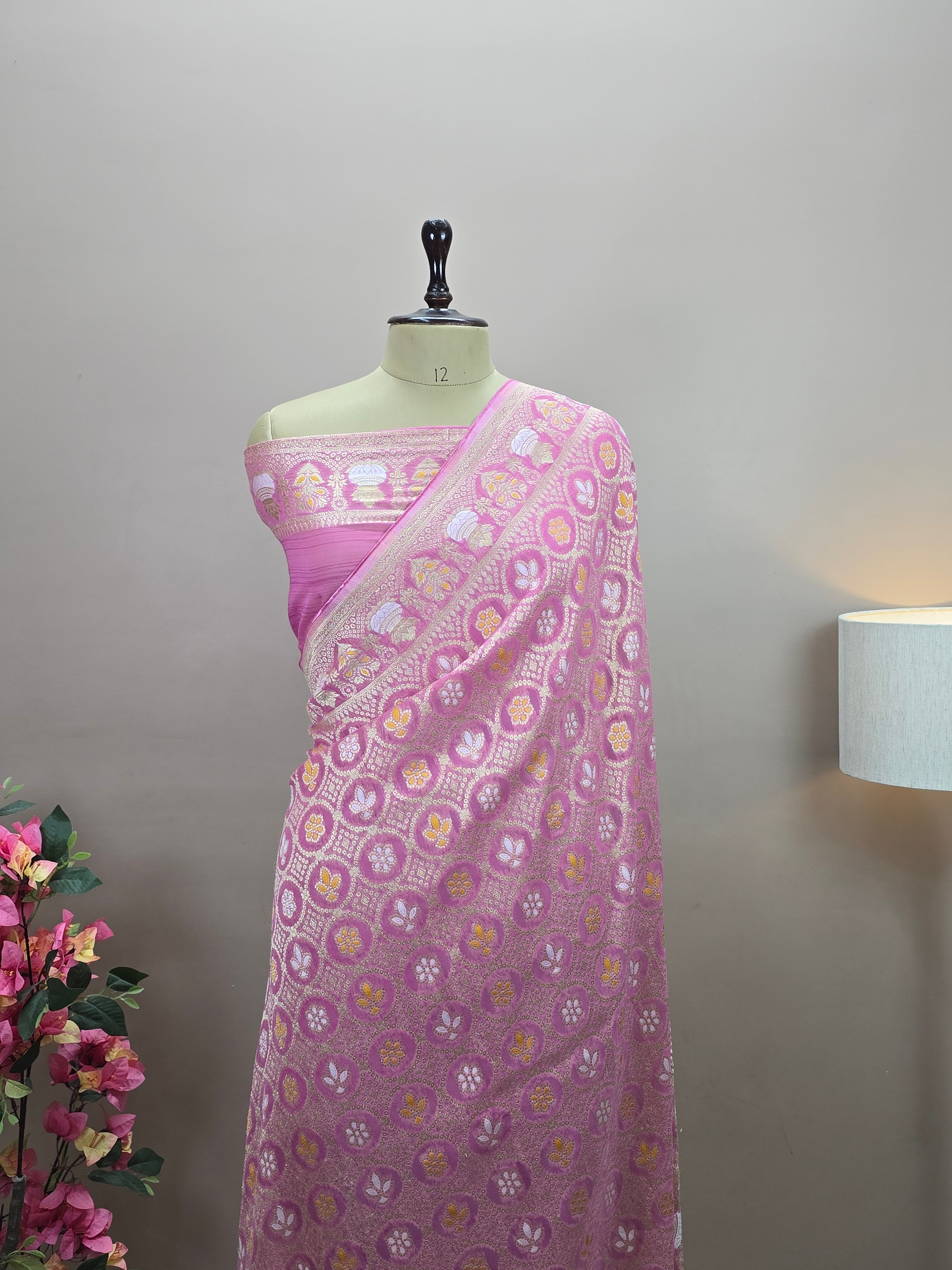Premium Georgette Banarasi Bandhej Saree with Meenakari Motifs