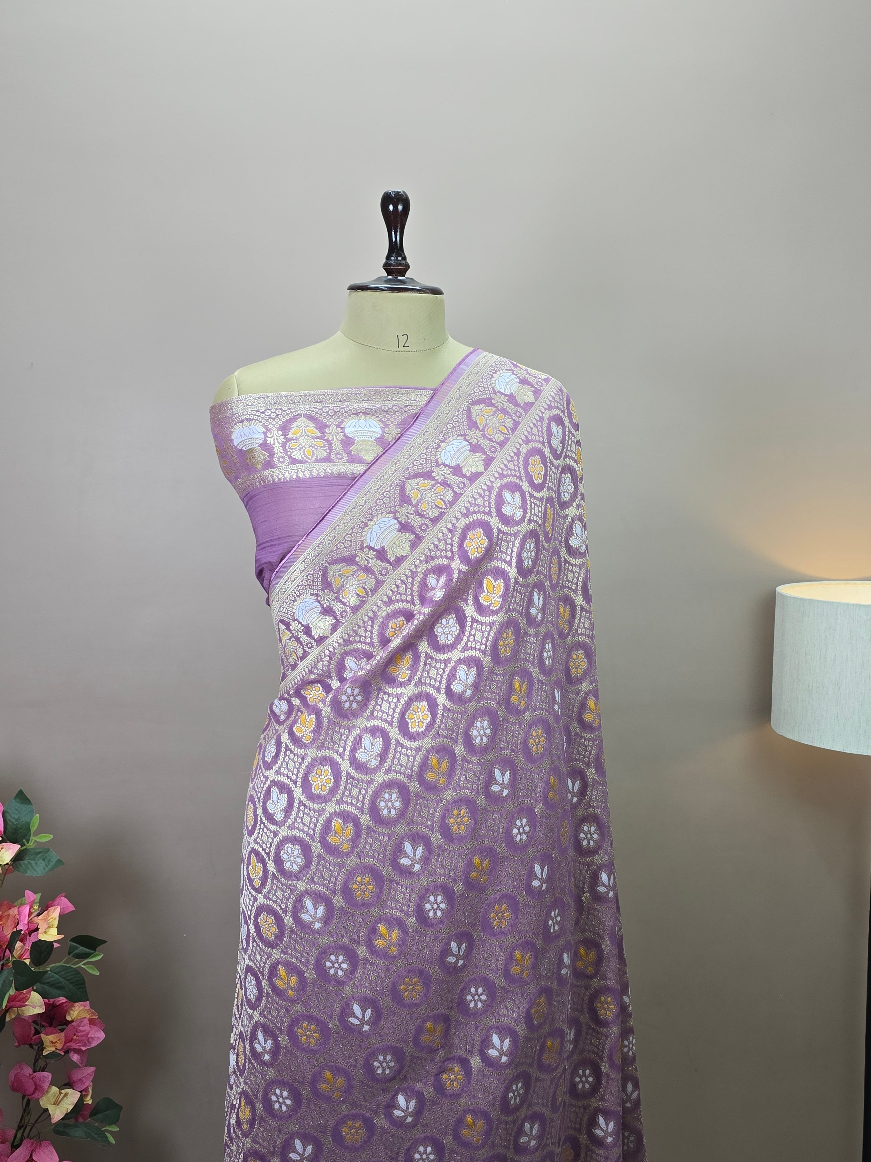 Premium Georgette Banarasi Bandhej Saree with Meenakari Motifs