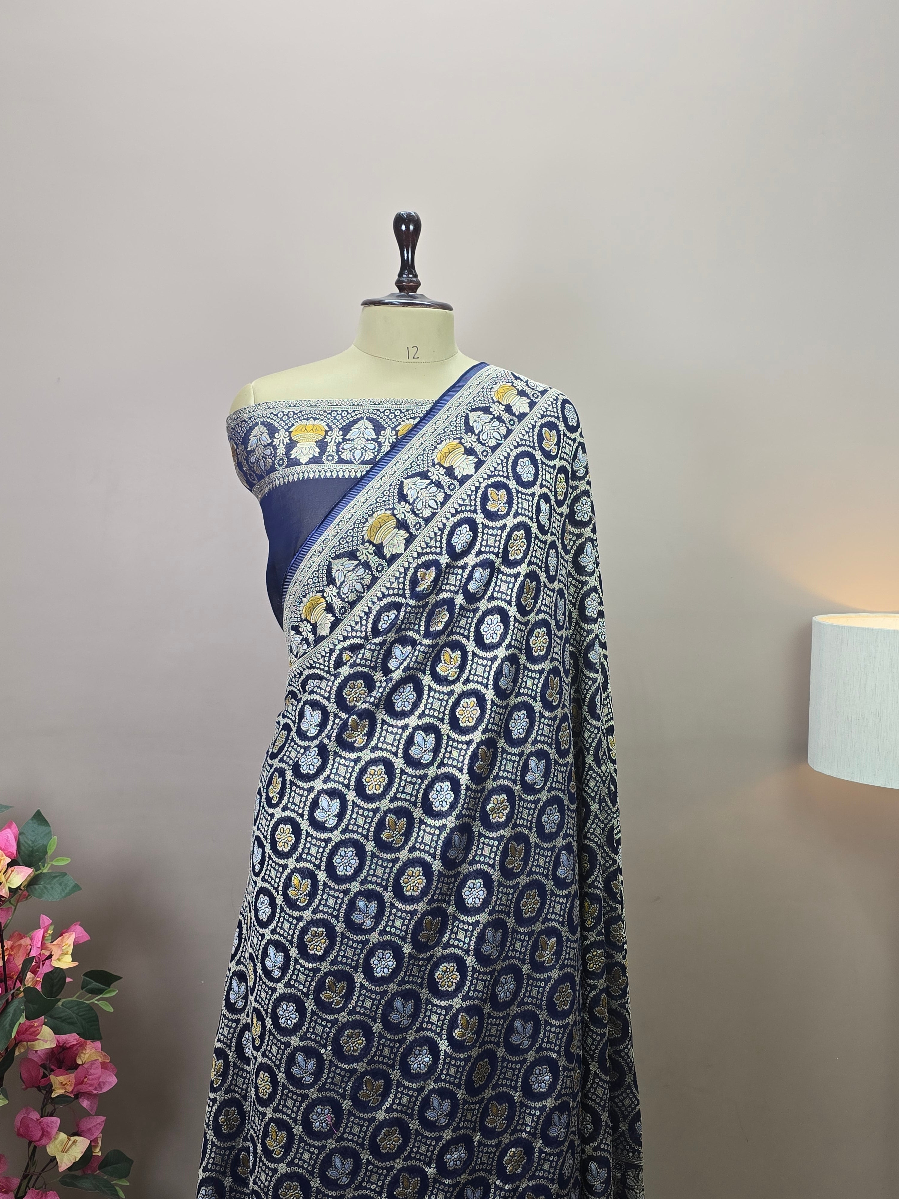Premium Georgette Banarasi Bandhej Saree with Meenakari Motifs