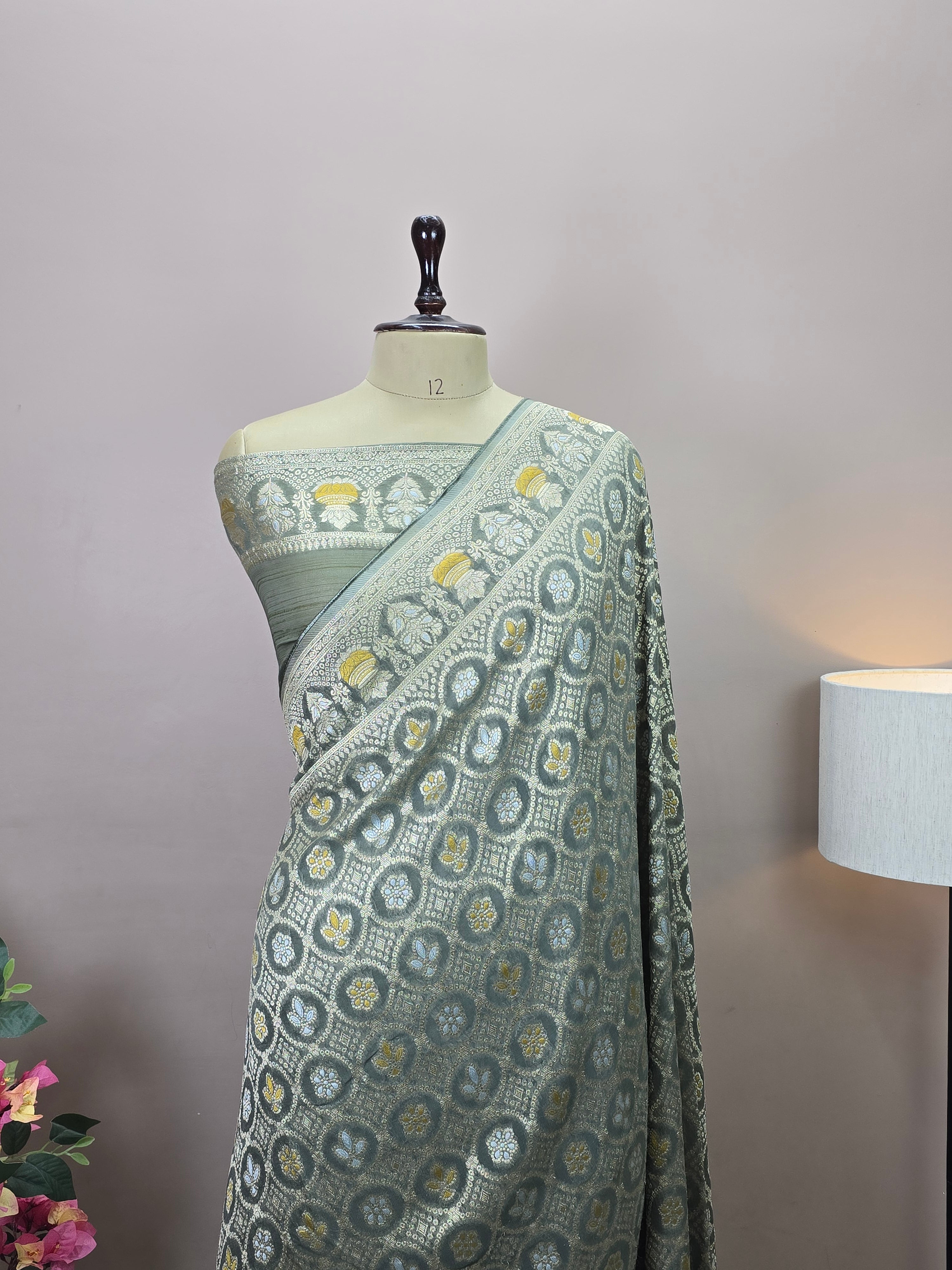 Premium Georgette Banarasi Bandhej Saree with Meenakari Motifs
