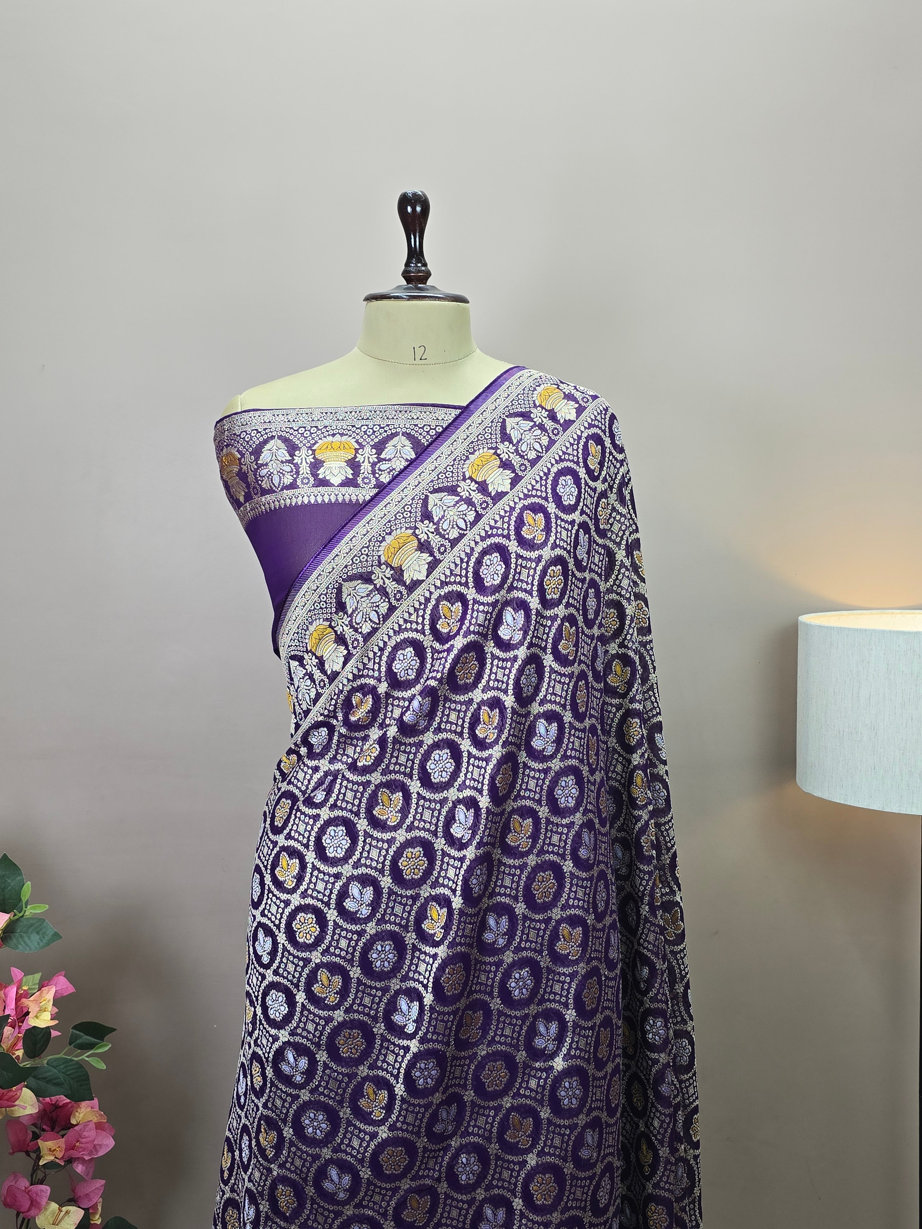 Premium Georgette Banarasi Bandhej Saree with Meenakari Motifs