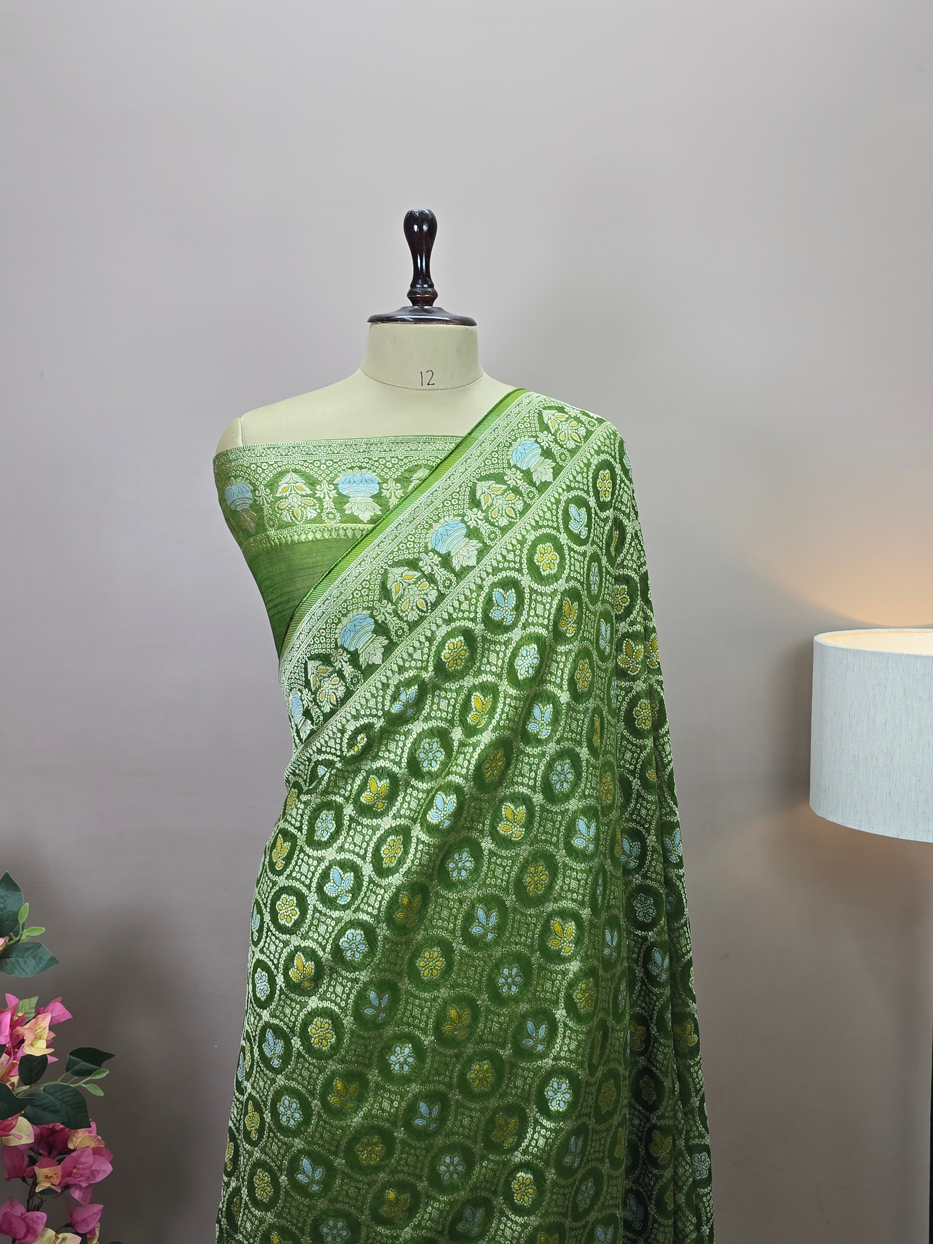 Premium Georgette Banarasi Bandhej Saree with Meenakari Motifs