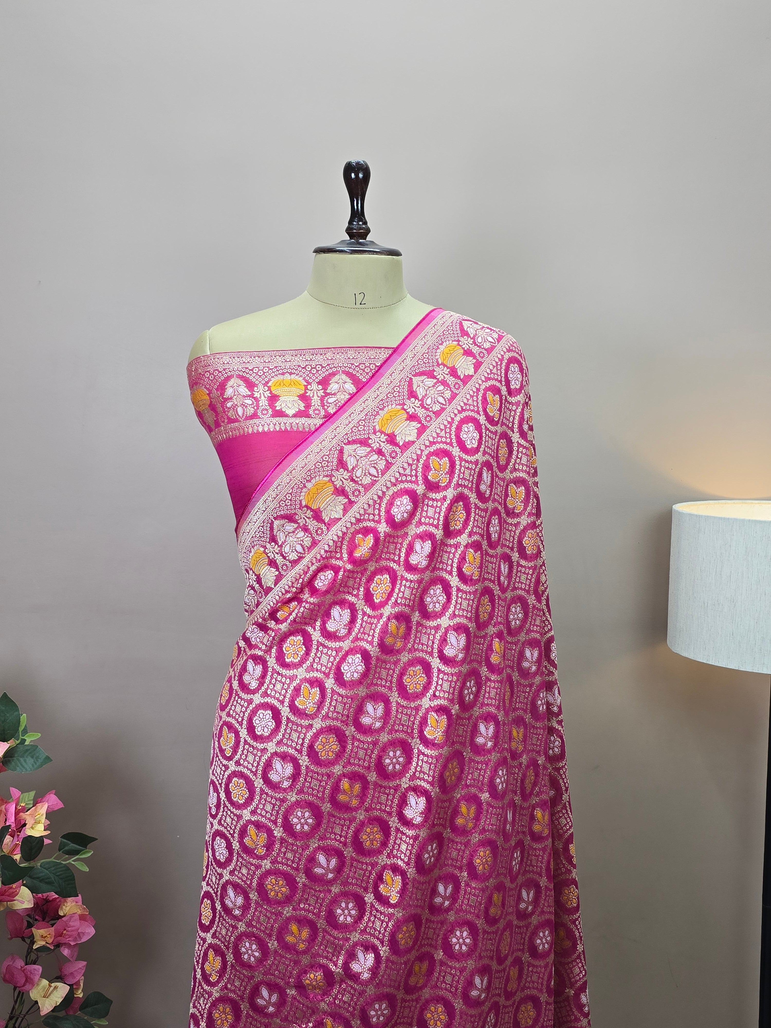 Premium Georgette Banarasi Bandhej Saree with Meenakari Motifs