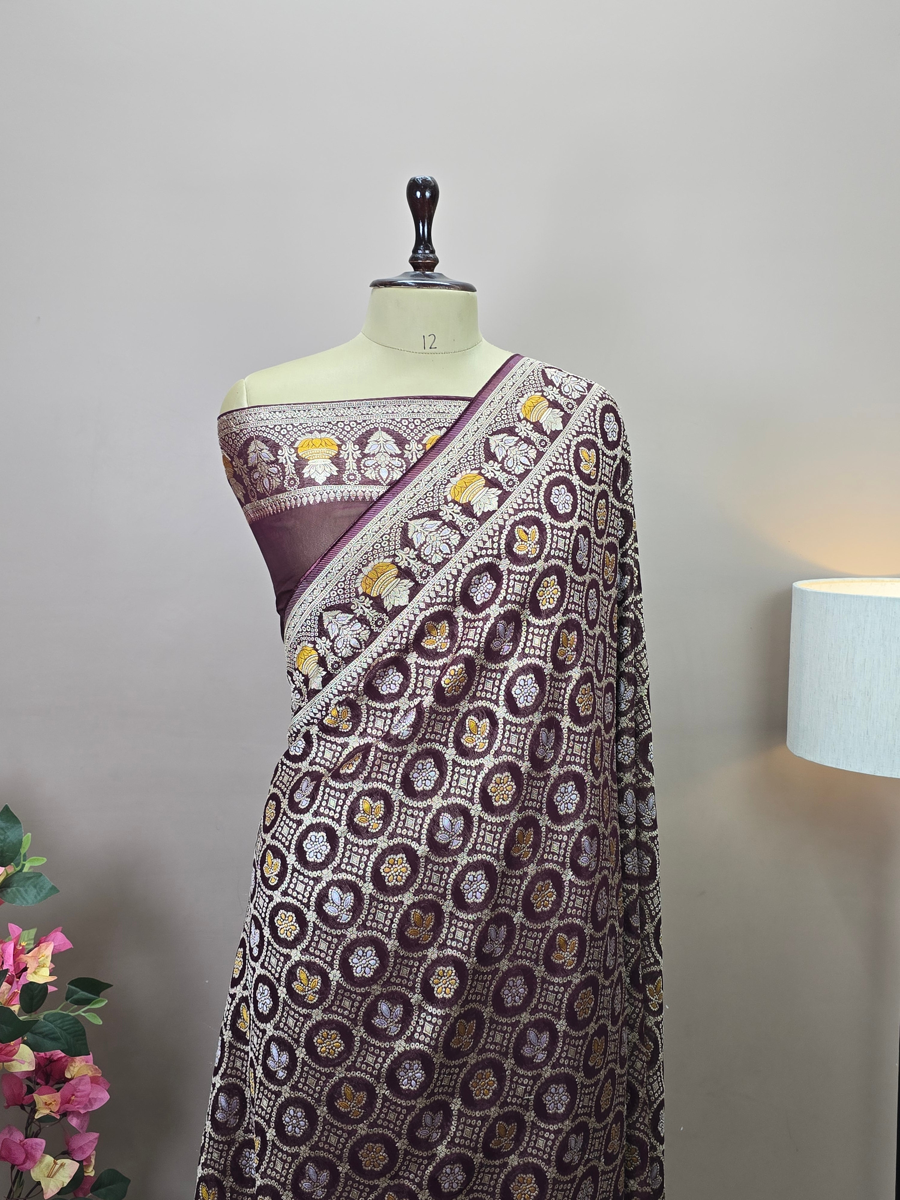 Premium Georgette Banarasi Bandhej Saree with Meenakari Motifs